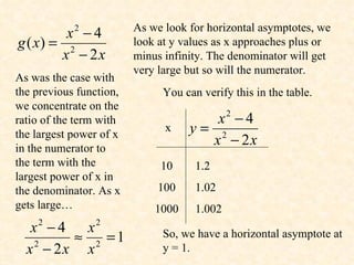 As we look for horizontal asymptotes, we look at y values as x approaches plus or minus infinity. The denominator will get very large but so will the numerator.  As was the case with the previous function, we concentrate on the ratio of the term with the largest power of x in the numerator to the term with the largest power of x in the denominator. As x gets large… You can verify this in the table. So, we have a horizontal asymptote at y = 1. x 10 100 1000 1.2 1.02 1.002 