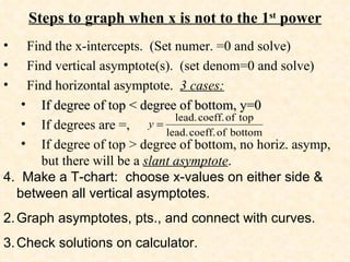 Steps to graph when x is not to the 1 st  power Find the x-intercepts.  (Set numer. =0 and solve) Find vertical asymptote(s).  (set denom=0 and solve) Find horizontal asymptote.  3 cases: If degree of top < degree of bottom, y=0 If degrees are =,  If degree of top > degree of bottom, no horiz. asymp, but there will be a  slant asymptote . 4.  Make a T-chart:  choose x-values on either side & between all vertical asymptotes. Graph asymptotes, pts., and connect with curves. Check solutions on calculator. 