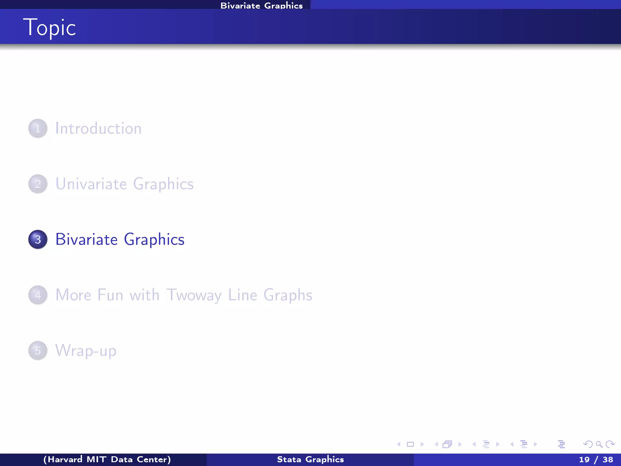 Bivariate Graphics

Topic

1

Introduction

2

Univariate Graphics

3

Bivariate Graphics

4

More Fun with Twoway Line Graphs

5

Wrap-up

(Harvard MIT Data Center)

Stata Graphics

19 / 38

 