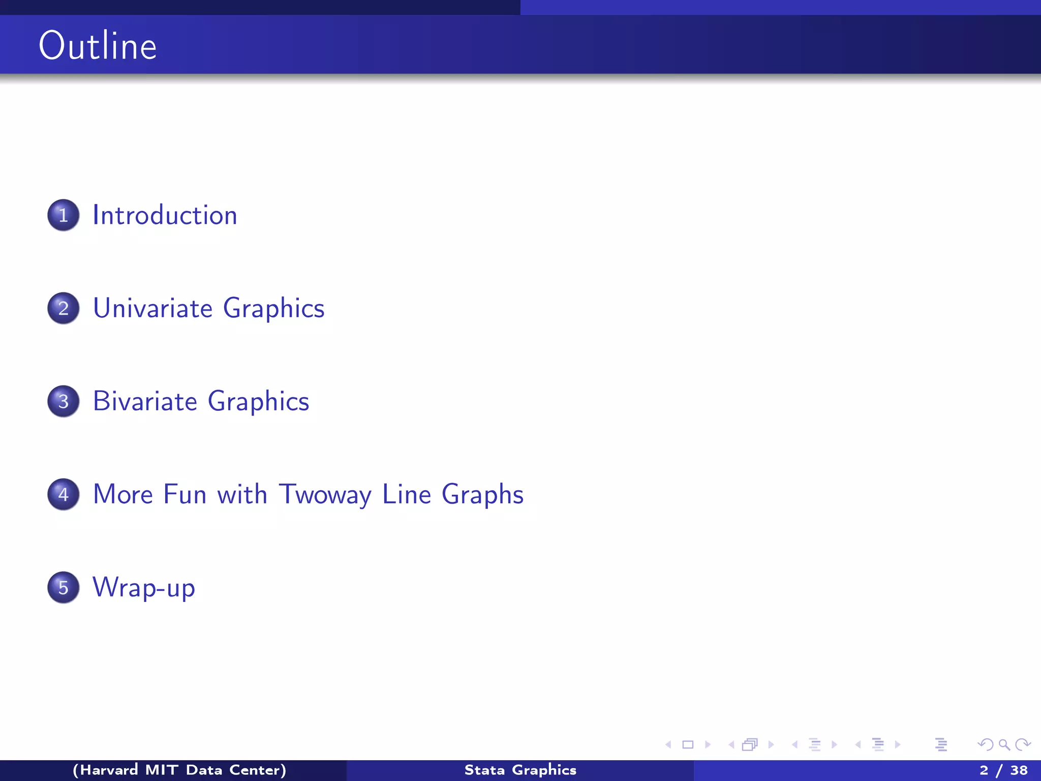 Outline

1

Introduction

2

Univariate Graphics

3

Bivariate Graphics

4

More Fun with Twoway Line Graphs

5

Wrap-up

(Harvard MIT Data Center)

Stata Graphics

2 / 38

 