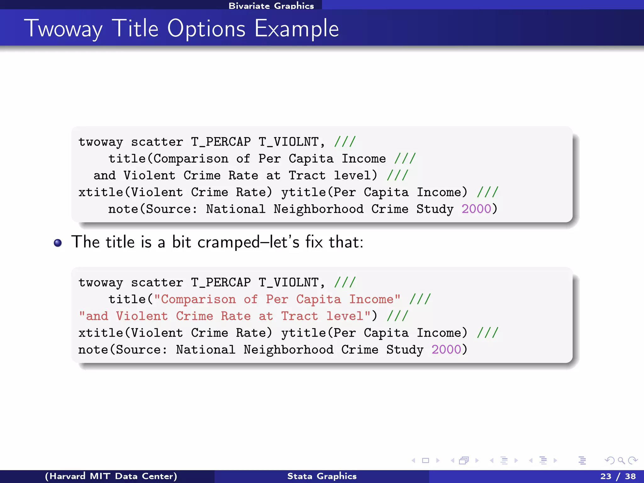 Bivariate Graphics

Twoway Title Options Example

twoway scatter T_PERCAP T_VIOLNT, ///
title(Comparison of Per Capita Income ///
and Violent Crime Rate at Tract level) ///
xtitle(Violent Crime Rate) ytitle(Per Capita Income) ///
note(Source: National Neighborhood Crime Study 2000)

The title is a bit cramped–let’s ﬁx that:
twoway scatter T_PERCAP T_VIOLNT, ///
title("Comparison of Per Capita Income" ///
"and Violent Crime Rate at Tract level") ///
xtitle(Violent Crime Rate) ytitle(Per Capita Income) ///
note(Source: National Neighborhood Crime Study 2000)

(Harvard MIT Data Center)

Stata Graphics

23 / 38

 
