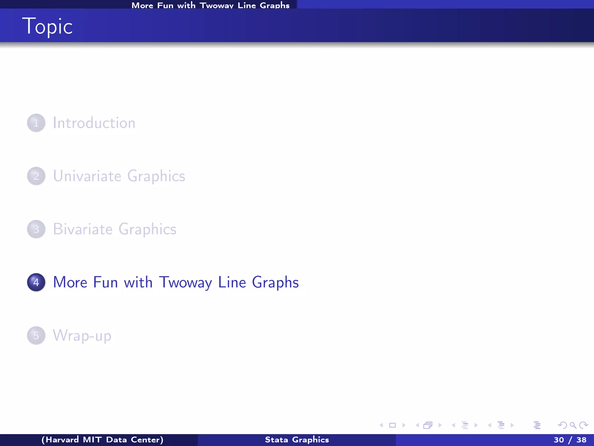 More Fun with Twoway Line Graphs

Topic

1

Introduction

2

Univariate Graphics

3

Bivariate Graphics

4

More Fun with Twoway Line Graphs

5

Wrap-up

(Harvard MIT Data Center)

Stata Graphics

30 / 38

 