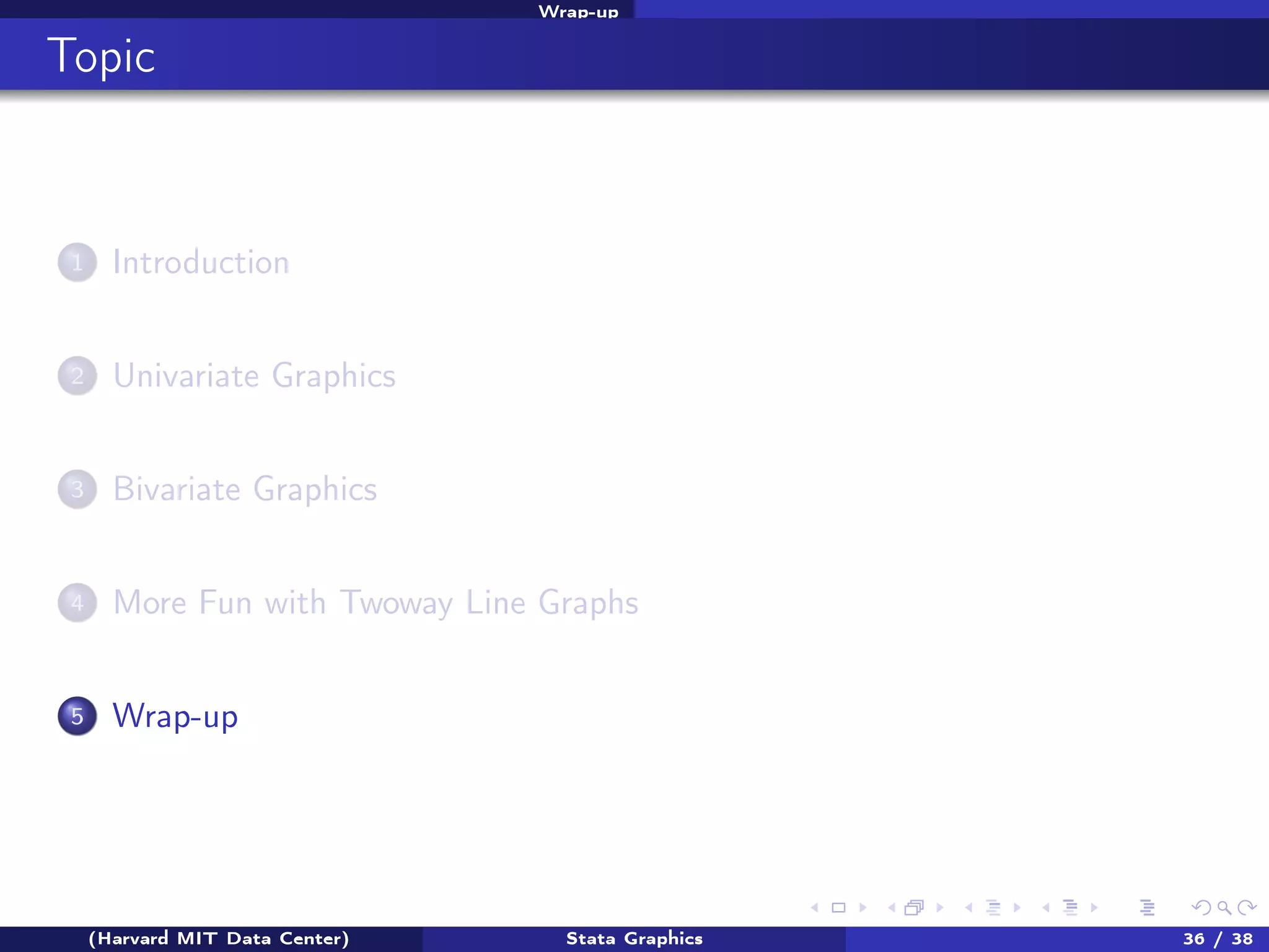 Wrap-up

Topic

1

Introduction

2

Univariate Graphics

3

Bivariate Graphics

4

More Fun with Twoway Line Graphs

5

Wrap-up

(Harvard MIT Data Center)

Stata Graphics

36 / 38

 