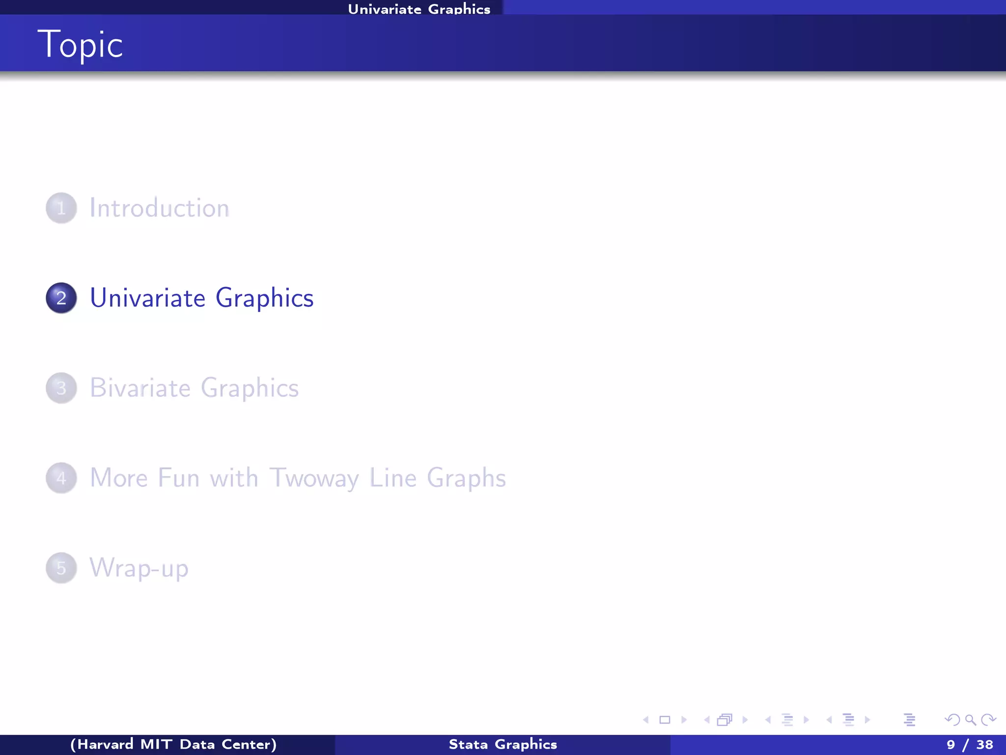Univariate Graphics

Topic

1

Introduction

2

Univariate Graphics

3

Bivariate Graphics

4

More Fun with Twoway Line Graphs

5

Wrap-up

(Harvard MIT Data Center)

Stata Graphics

9 / 38

 