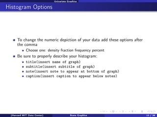 Univariate Graphics

Histogram Options

To change the numeric depiction of your data add these options after
the comma
Cho...