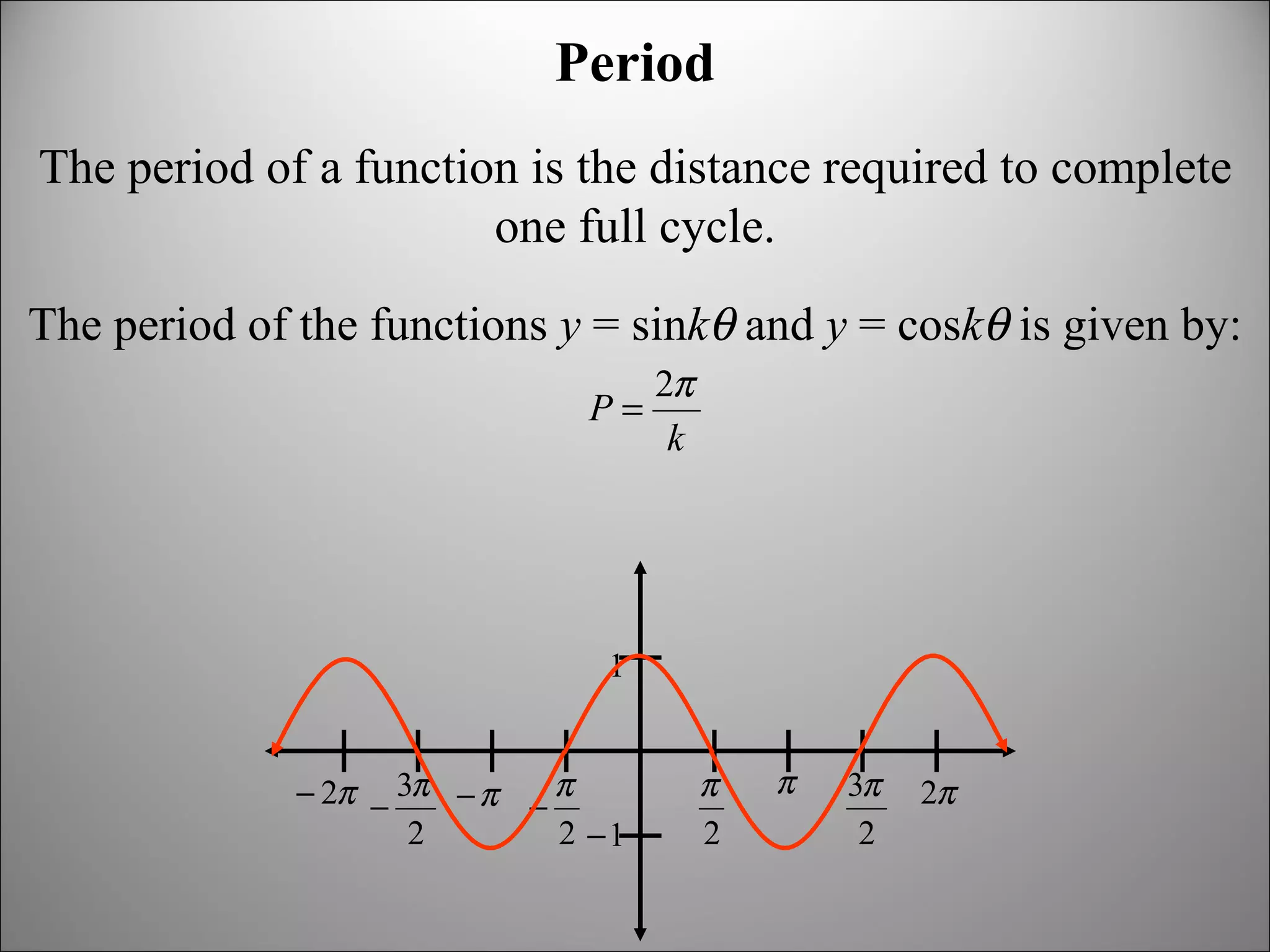 Period The period of a function is the distance required to complete one full cycle. The period of the functions  y  = sin k   and  y  = cos k   is given by: 