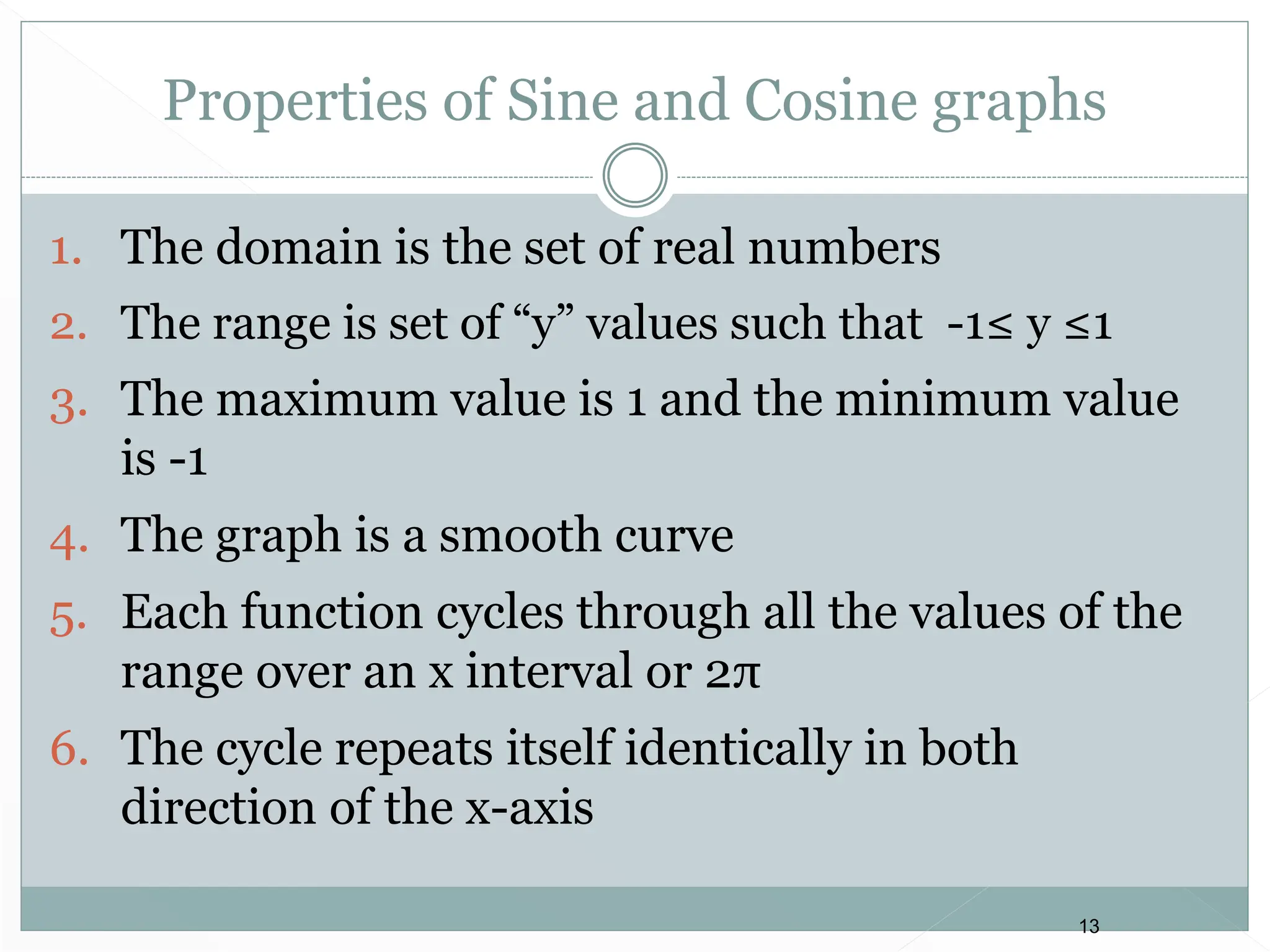 13
Properties of Sine and Cosine graphs
1. The domain is the set of real numbers
2. The range is set of “y” values such that -1≤ y ≤1
3. The maximum value is 1 and the minimum value
is -1
4. The graph is a smooth curve
5. Each function cycles through all the values of the
range over an x interval or 2π
6. The cycle repeats itself identically in both
direction of the x-axis
 