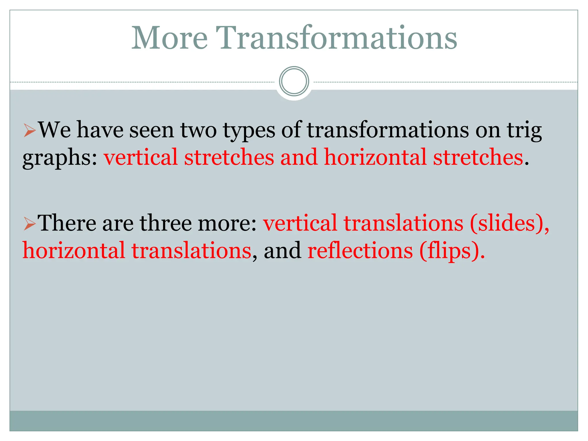 More Transformations
We have seen two types of transformations on trig
graphs: vertical stretches and horizontal stretches.
There are three more: vertical translations (slides),
horizontal translations, and reflections (flips).
 
