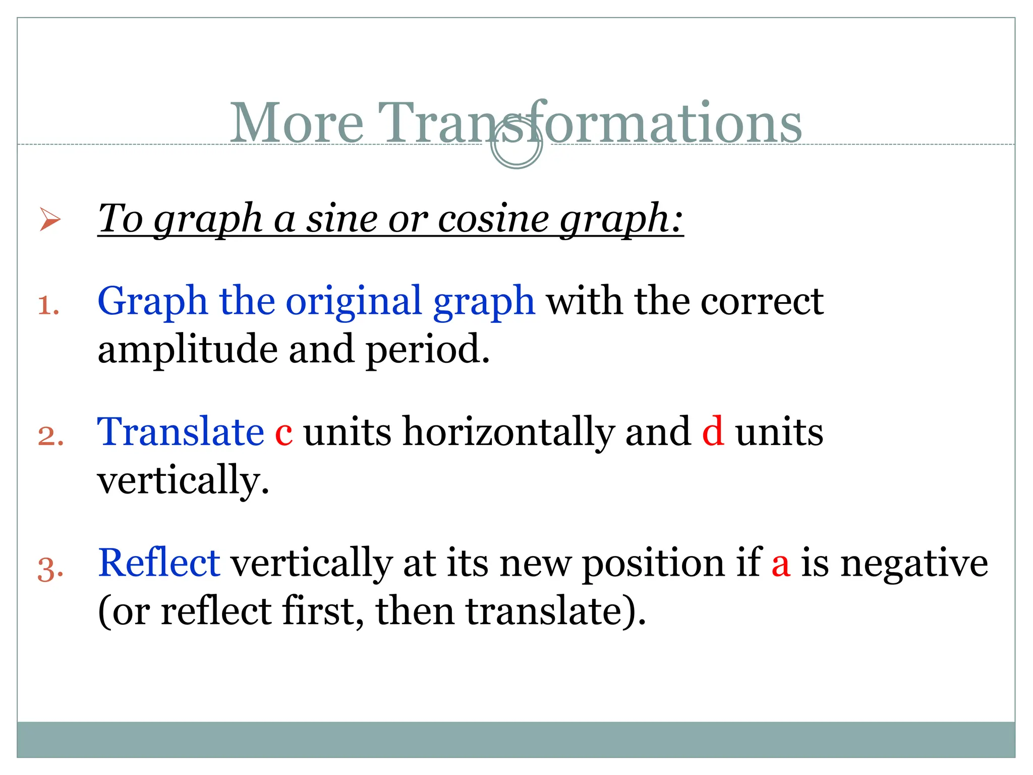 More Transformations
 To graph a sine or cosine graph:
1. Graph the original graph with the correct
amplitude and period.
2. Translate c units horizontally and d units
vertically.
3. Reflect vertically at its new position if a is negative
(or reflect first, then translate).
 