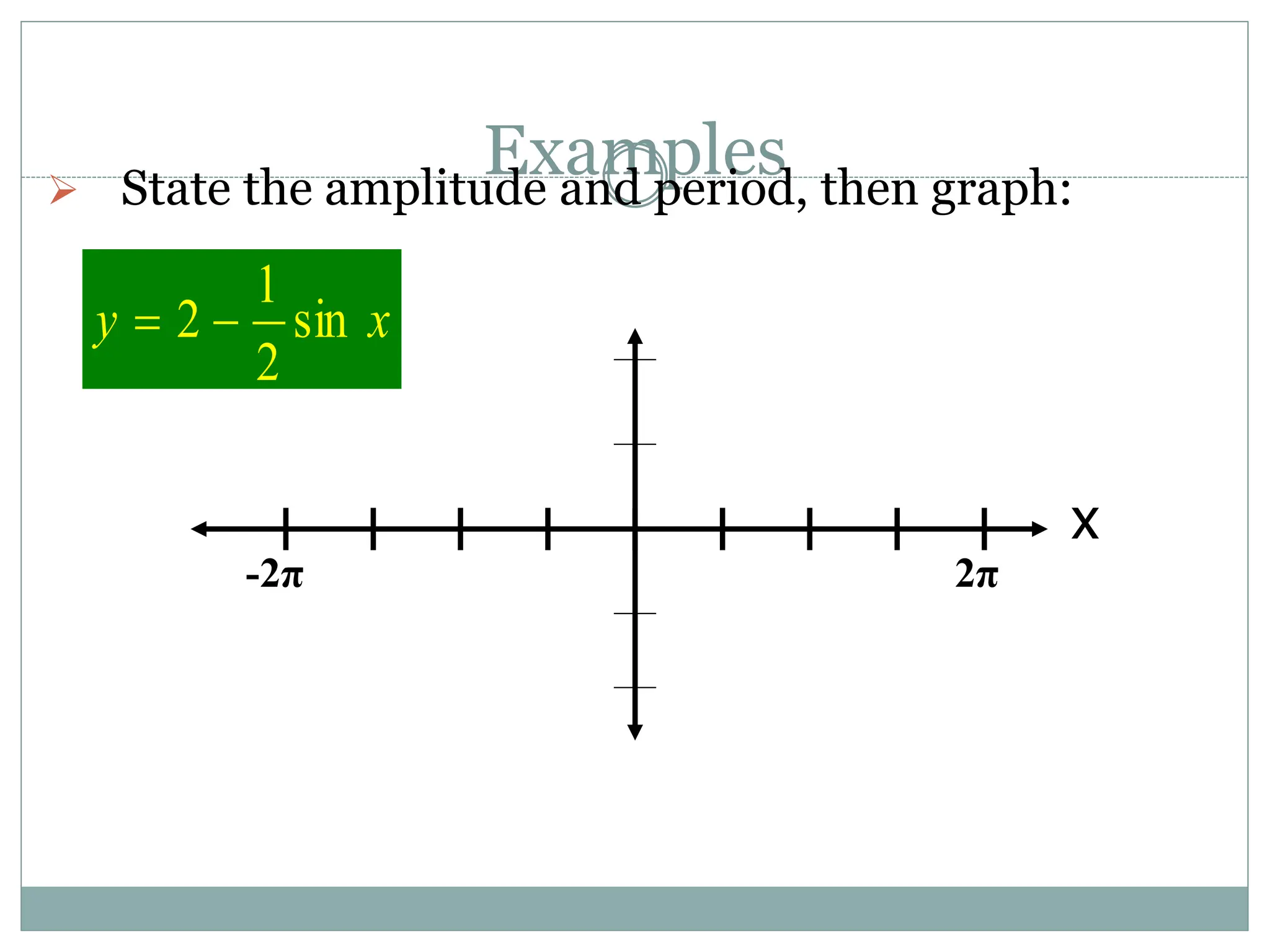 Examples
 State the amplitude and period, then graph:
x
y sin
2
1
2 

x
2π
-2π
 