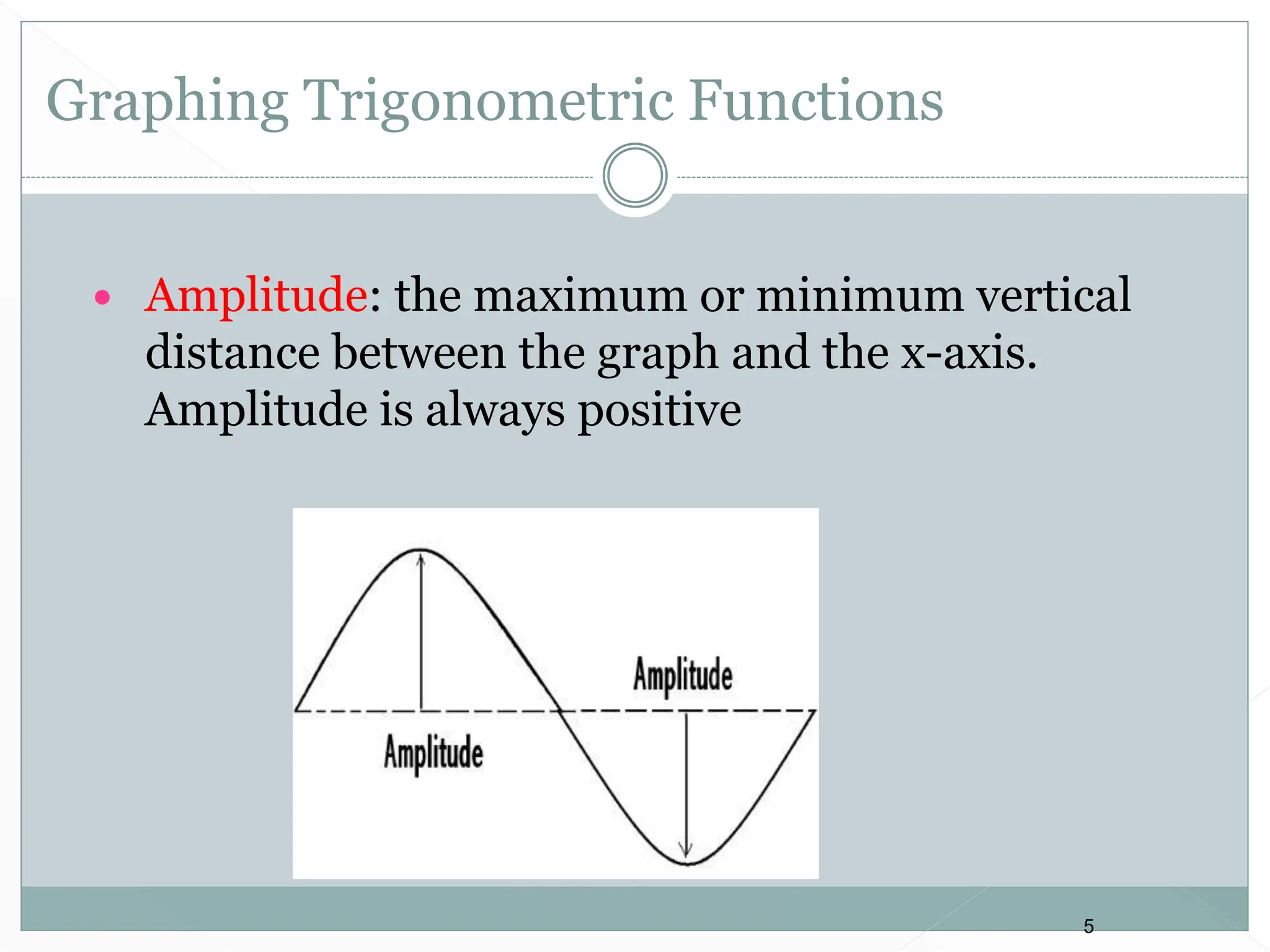 5
Graphing Trigonometric Functions
 Amplitude: the maximum or minimum vertical
distance between the graph and the x-axis.
Amplitude is always positive
 