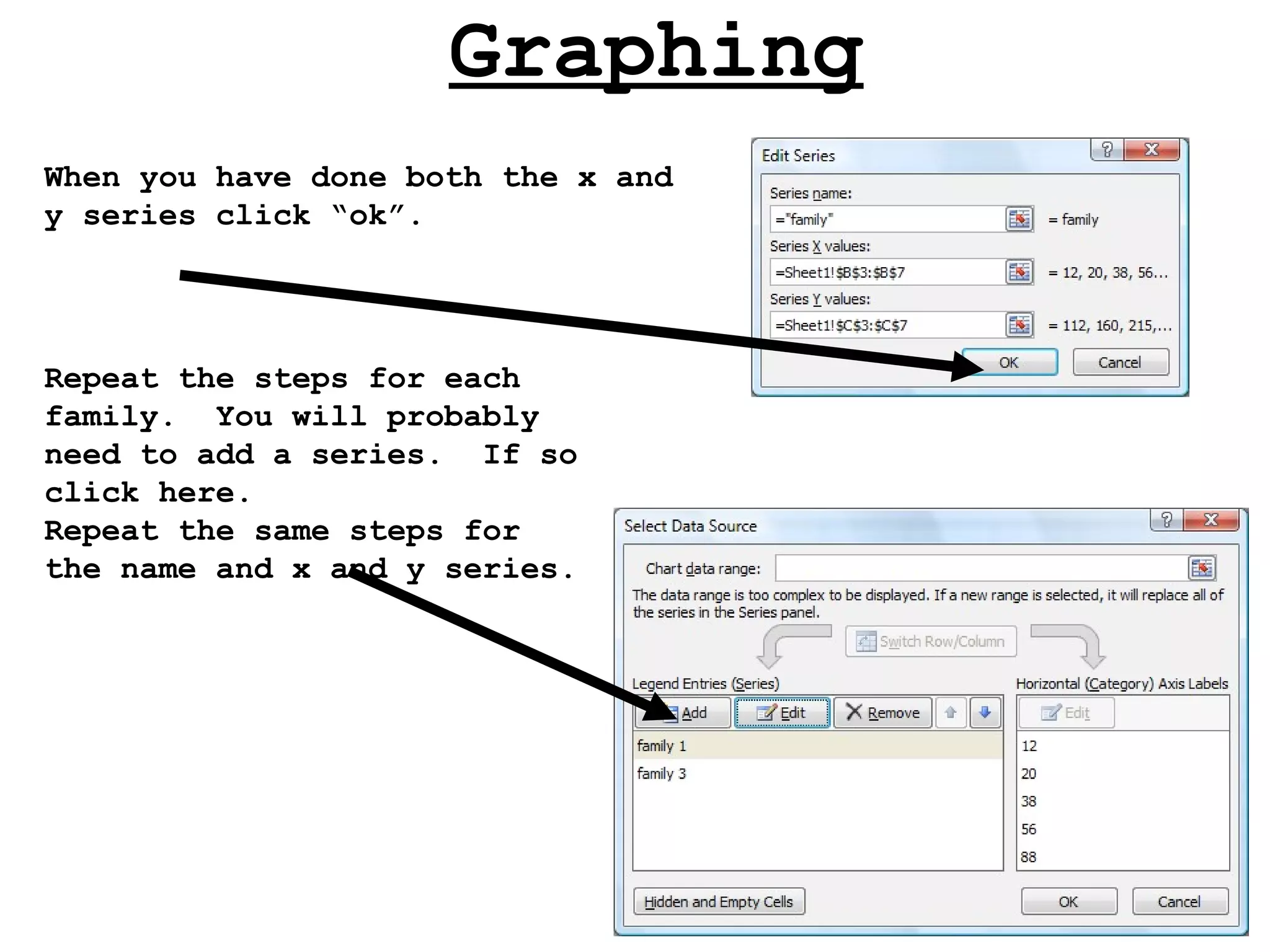 Graphing When you have done both the x and y series click “ok”. Repeat the steps for each family.  You will probably need to add a series.  If so click here. Repeat the same steps for the name and x and y series. 