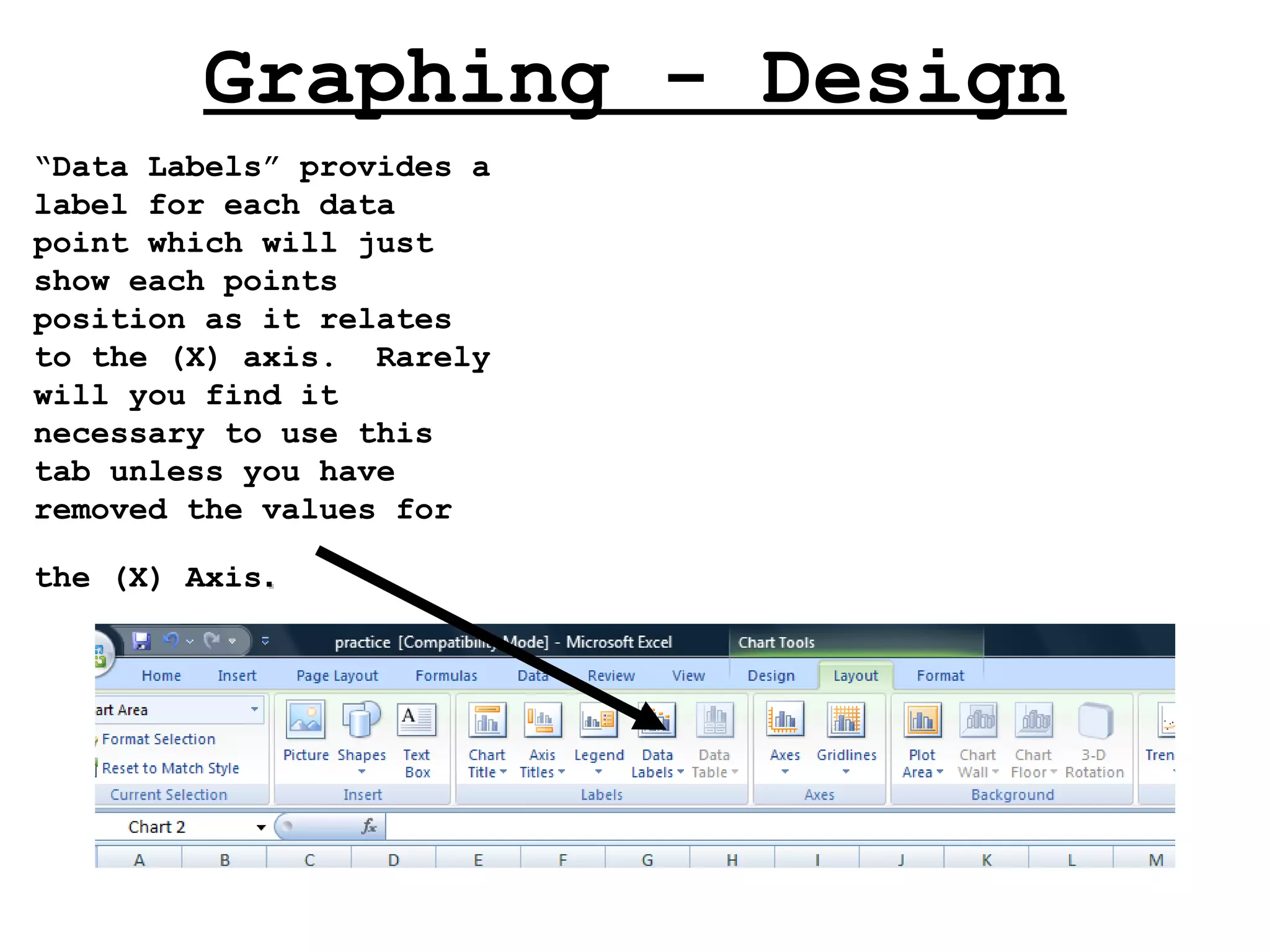 Graphing - Design “ Data Labels” provides a label for each data point which will just show each points position as it relates to the (X) axis.  Rarely will you find it necessary to use this tab unless you have removed the values for the (X) Axis . 