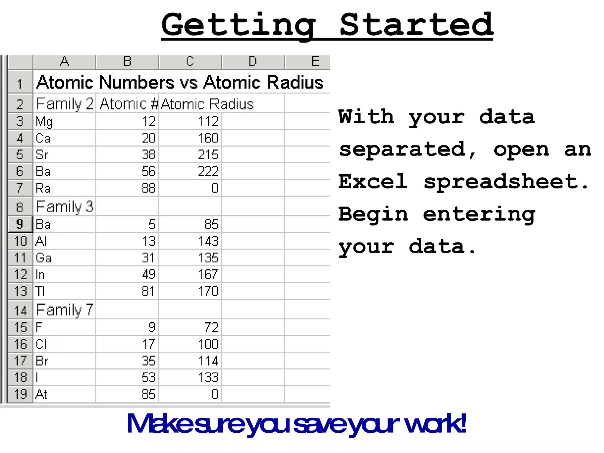 Getting Started With your data separated, open an Excel spreadsheet. Begin entering your data. Make sure you save your work!   