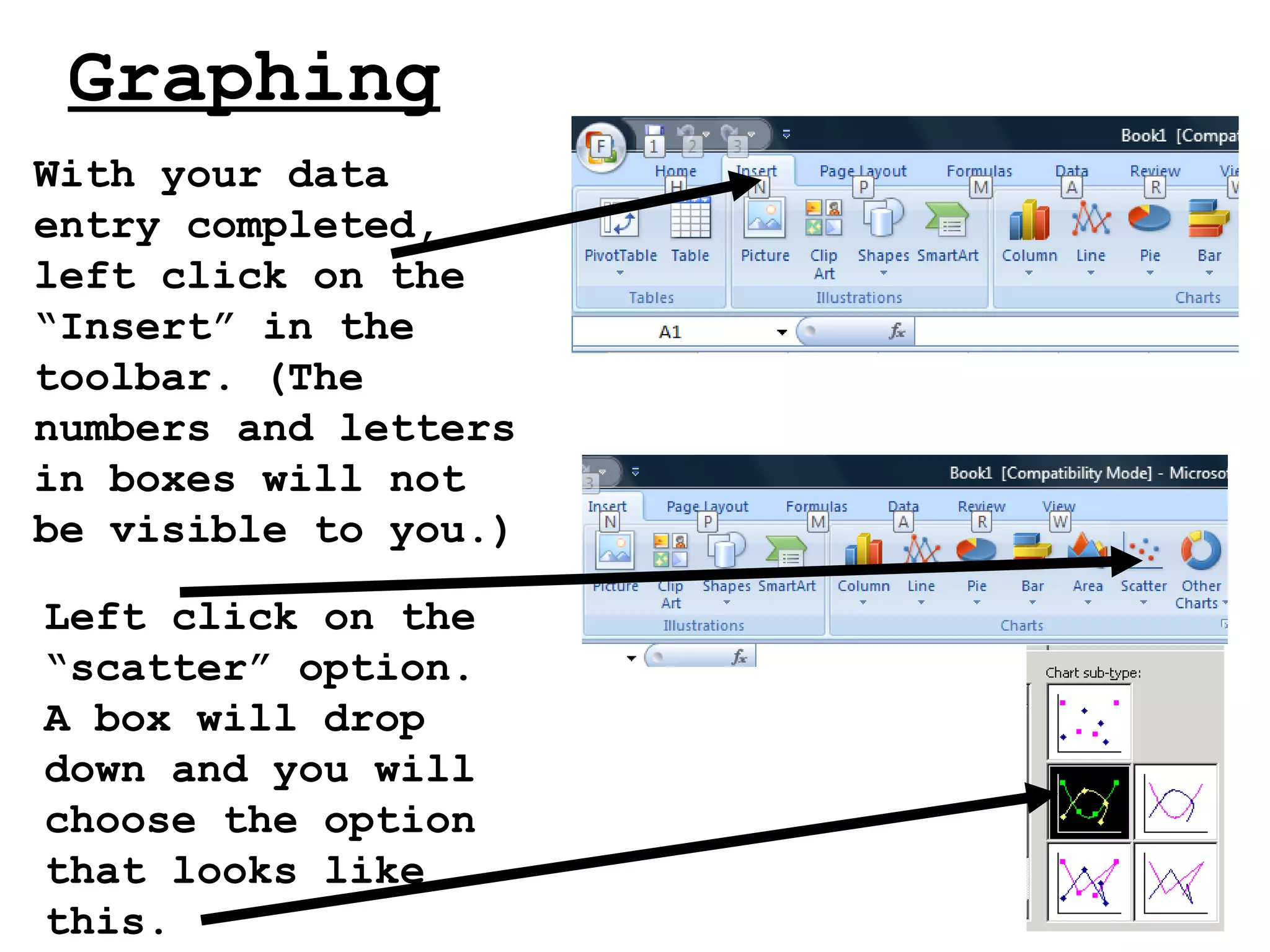 Graphing With your data entry completed, left click on the “Insert” in the toolbar. (The numbers and letters in boxes will not be visible to you.)   Left click on the “scatter” option. A box will drop down and you will choose the option that looks like this. 