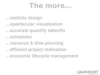 The more…
…realistic design
…spectacular visualization
…accurate quantity takeoffs
…schedules
…resource & time planning
…efficient project realization
…economic lifecycle management
 