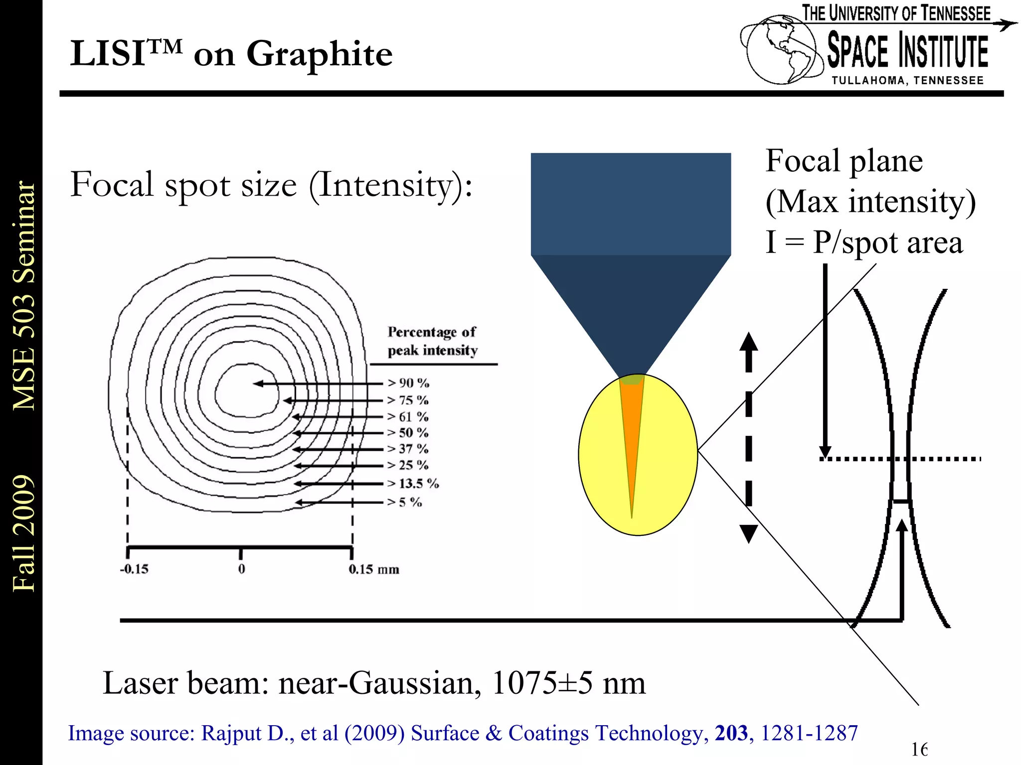 Focal spot size (Intensity):  LISI TM  on Graphite Focal plane (Max intensity) I = P/spot area Laser beam: near-Gaussian, 1075 ±5 nm Image source: Rajput D., et al (2009) Surface & Coatings Technology,  203 , 1281-1287 