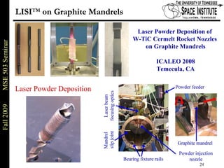 LISI TM  on Graphite Mandrels Laser Powder Deposition Laser Powder Deposition of  W-TiC Cermelt Rocket Nozzles  on  Graphite Mandrels ICALEO 2008 Temecula, CA 