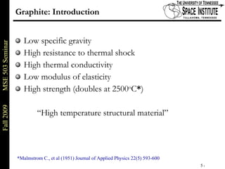 Graphite: Introduction Low specific gravity High resistance to thermal shock High thermal conductivity Low modulus of elasticity High strength (doubles at 2500 o C * ) “High temperature structural material” * Malmstrom C., et al (1951) Journal of Applied Physics 22(5) 593-600 