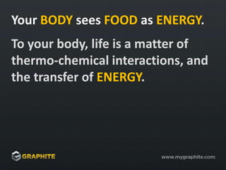 YourBODYseesFOODasENERGY.To your body, life is a matter of thermo-chemical interactions, and the transfer of ENERGY.