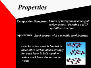PropertiesProperties
Composition Structure:Composition Structure: Layers of hexagonally arrangedLayers of hexagonally arranged
carbon atoms. Forming a HCPcarbon atoms. Forming a HCP
crystalline structure.crystalline structure.
Appearance:Appearance: Black to gray with a metallic earthly luster.Black to gray with a metallic earthly luster.
- Each carbon atom is bonded to- Each carbon atom is bonded to
three other carbon atoms stronglythree other carbon atoms strongly
but each layer is held togetherbut each layer is held together
with a weak bond due to van derwith a weak bond due to van der
WaalsWaals
 
