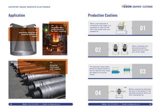 Mobile: +86-13331380912 E-mail: david@graptek.com19 Mobile: +86-13331380912 E-mail: david@graptek.com 20
Production Cautions
02
When connecting, the
electrode should be
aligned with the center
axis of the nipple.
04
Before screwing the electrode,
the dust on the surface of the
electrode should be blown out
with compressed air.
01
When a new electrode is
connected to the nipple, it is
necessary to clean out the
dirt in the socket with com-
pressed air.
03
The electrode clamp holder
should be placed outside of
the two security lines, where
the nipple is to be posi-
tioned.
Application
Graphite elec-
trode columns
for EAF smelting
Graphite
electrodes
with nipples
Assembly diagram of
graphite electrode
nipple
GRAPHITE ELECTRODEUHP/HP/RP GRADE GRAPHITE ELECTRODES
 