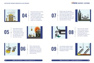 04 07
08
09
05
06
Electrode should be stored
in clean and dry place.
When stocked in open area,
it should be covered with
rain-proof tarpaulin and the
number of piling layers
ought not to exceed four.
Electrodes should be
dried next to electric
furnace before using.
The temperature should
not exceed 120 °C and
the time should not be
less than 48 hours.
When using electrode,
special tools should be
employed to cut the steel
wrapping tape, and crane
should not be adopted to
avoid bursting.
Please clean the electrode
threads ﬁrst before connection,
then screw the nipple into one
end of the electrode. Don't
touch the thread, and don't put
the joint directly into the work-
ing electrode on furnace.
Steel-wire ball, metallic
brush or emery cloth is
not allowed for cleaning
electrode thread, but
compressed air free of oil
and water is available.
Use revolved resilient hanger
and put soft cushions under
the electrode nipple to avoid
breakage of thread.
Mobile: +86-13331380912 E-mail: david@graptek.com27 Mobile: +86-13331380912 E-mail: david@graptek.com 28
UHP/HP/RP GRADE GRAPHITE ELECTRODES GRAPHITE ELECTRODE
 