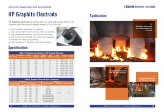 Graphite electrode
for DC arc furnace
Graphite electrode
for submerged arc
furnace
HP Graphite Electrode
Speciﬁcation
HP graphite electrode is mainly used for ultra high power electric arc
furnaces with the current density range of 18–25 A/cm2
.
Anti-oxidation treatment for longevity.
High-purity, high-density, strong chemical stability.
High machining accuracy, good surface ﬁnishing.
High mechanical strength, low electrical resistance.
Resistant to cracking & spalling.
High resistance to oxidation and thermal shock.
●
●
●
●
●
●
Table 1: Technical Speciﬁcation of HP Graphite Electrode
Dia.
inch mm
Resistance
(≤, µΩ·m)
Density
(≥, g/cm3
)
Flexure
Strength
(≥, MPa)
Elastic
Modulus
(≤, GPa)
Ash
Content
(≤, %)
CTE
(100 °C – 600 °C)
(≤, 10 - 6
/°C)
Current
Load
(A)
Current
Density
(A/cm2
)
8
9
10
12
14
16
18
20
22
24
200
225
250
300
350
400
450
500
550
600
6.5
6.5
6.5
6.5
6.5
6.5
6.5
6.5
6.5
6.5
1.62
1.62
1.62
1.62
1.62
1.62
1.60
1.60
1.60
1.60
10.5
10.5
10.5
10.5
10.5
10.5
9.8
9.8
9.8
9.8
12
12
12
12
12
12
12
12
12
12
0.3
0.3
0.3
0.3
0.3
0.3
0.3
0.3
0.3
0.3
2.4
2.4
2.4
2.4
2.4
2.4
2.4
2.4
2.4
2.4
5500–9000
6500–10000
8000–13000
13000–17400
17400–24000
21000–31000
25000–40000
30000–48000
37000–57000
44000–67000
18–25
18–25
18–25
17–24
17–24
16–24
15–24
15–24
15–23
15–23
Table 2: Graphite Electrode Size & Tolerance
8
9
10
12
14
16
18
20
22
24
200
225
250
300
350
400
450
500
550
600
205
230
256
307
357
409
460
511
562
613
200
225
251
302
352
403
454
505
556
607
197
222
248
299
349
400
451
502
553
604
1600
1600
1600/1800
1600/1800
1600/1800
1600/1800/2000/2200
1600/1800/2000/2200
1800/2000/2200/2400
1800/2000/2200/2400
2000/2200/2400
±100 -275
Diameter (mm) Length (mm)
Nominal Diameter Actual Diameter Nominal Length Tolerance Short Length
(inch) (mm) (max.) (min.)(rough spot)
Mobile: +86-13331380912 E-mail: david@graptek.com11 Mobile: +86-13331380912 E-mail: david@graptek.com 12
Graphite electrode
for AC arc furnace
Application
GRAPHITE ELECTRODEUHP/HP/RP GRADE GRAPHITE ELECTRODES
 