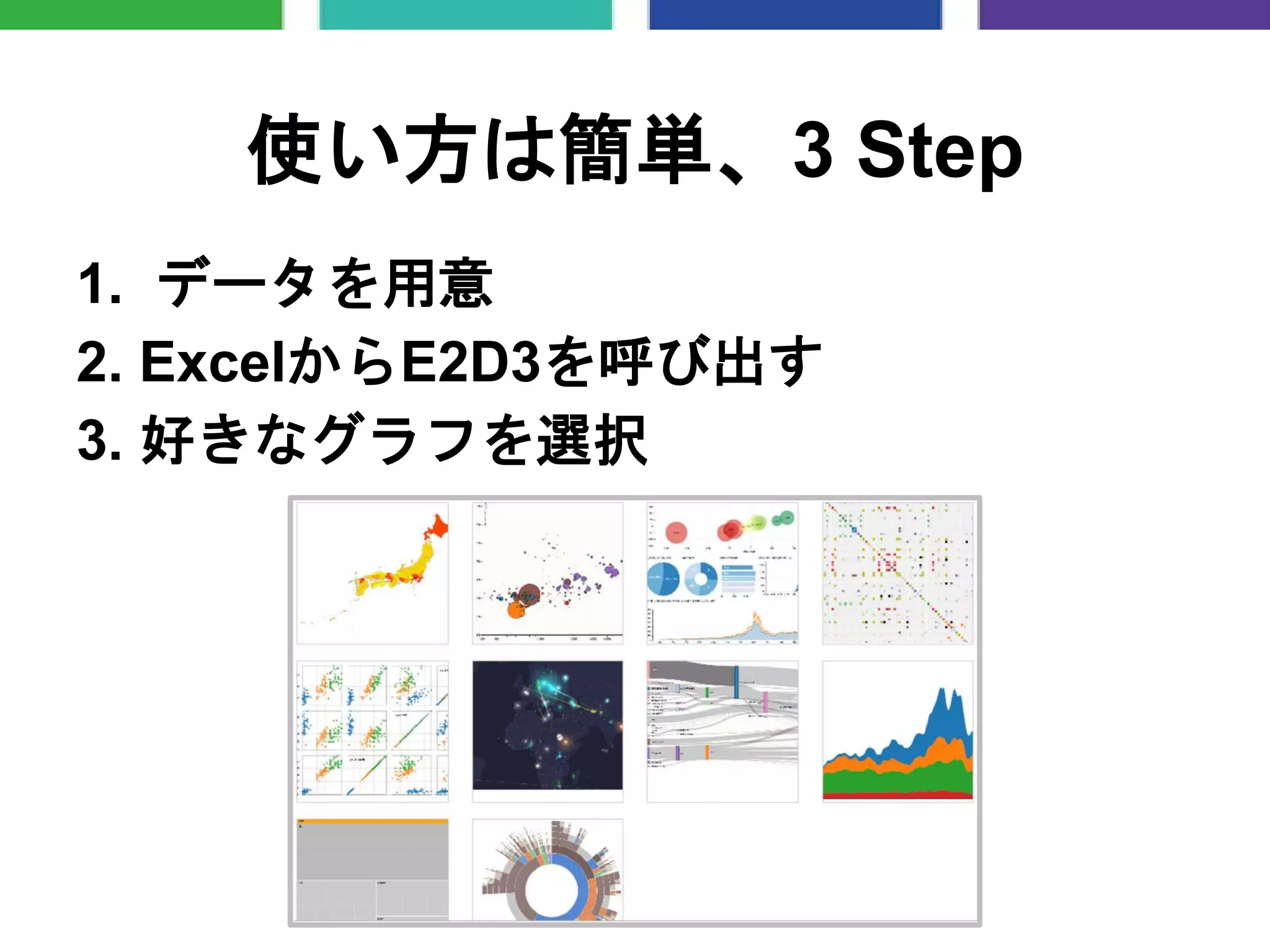 使い方は簡単、3 Step
1. データを用意
2. ExcelからE2D3を呼び出す
3. 好きなグラフを選択
 