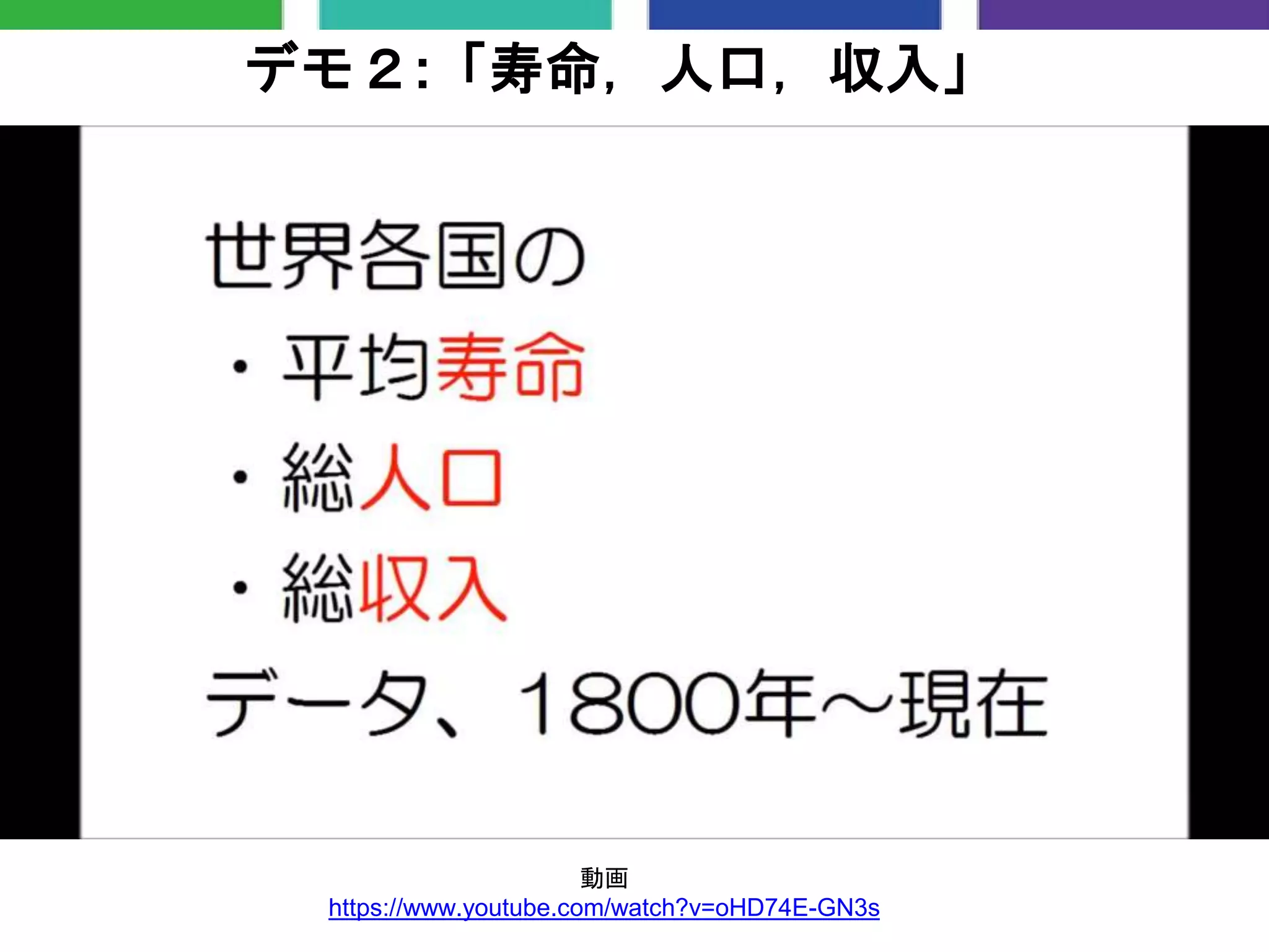 デモ２:「寿命，人口，収入」
動画
https://www.youtube.com/watch?v=oHD74E-GN3s
 