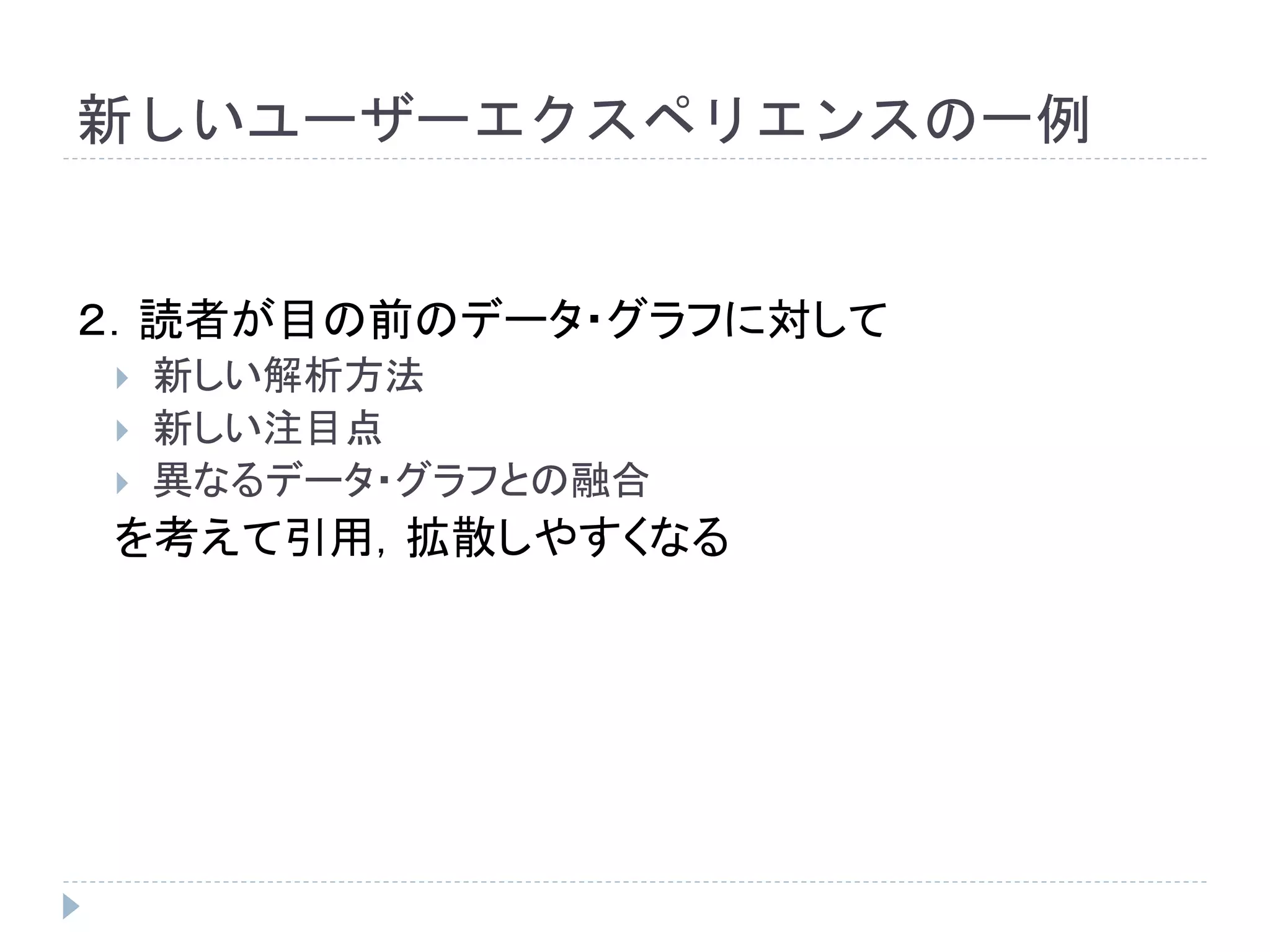 新しいユーザーエクスペリエンスの一例 
１．データジャーナリストの記事に対して読者が興味を持つ 
２．読者が目の前のデータ・グラフに対して 
 新しい解析方法 
 新しい注目点 
 異なるデータ・グラフとの融合 
を考えて引用，拡散しやすくなる 
３．記事の寿命が延びる 
新しい発見が見つかる 
次の記事につながる 
 
