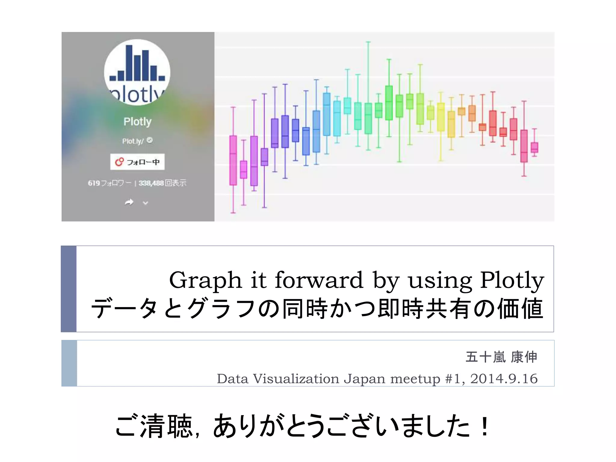 Graph it forward by using Plotly 
データとグラフの同時かつ即時共有の価値 
五十嵐康伸 
Data Visualization Japan meetup #1, 2014.9.16 
ご清聴，ありがとうございました！ 
 