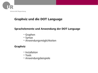 Graphviz und die DOT Language

Sprachelemente und Anwendung der DOT Language

      – Graphen
       – Syntax
        – Anwendungsmöglichkeiten

Graphviz

      – Installation
       – Tools
        – Anwendungsbeispiele
 