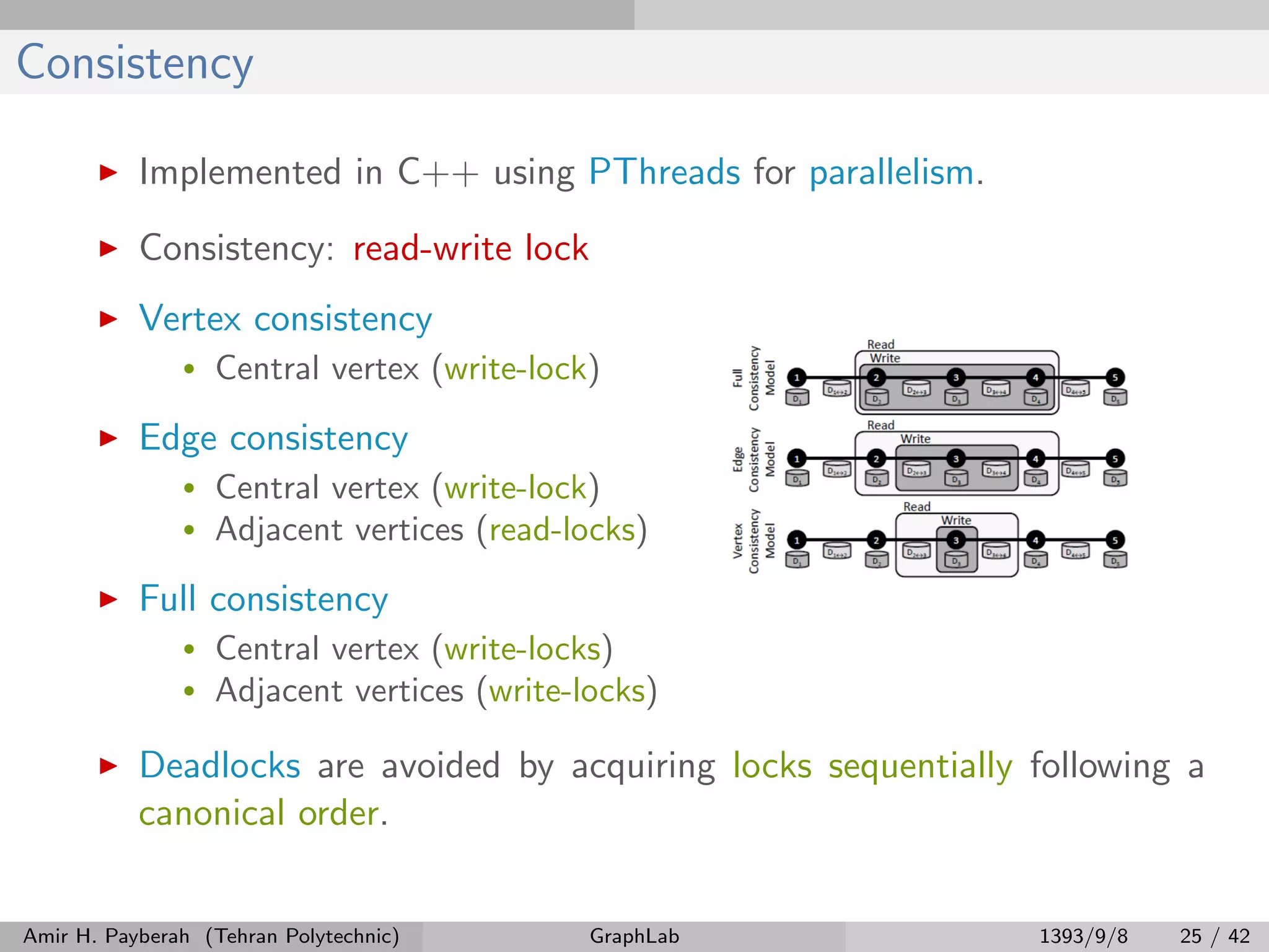 Consistency Implemented in C++ using PThreads for parallelism. Consistency: read-write lock Vertex consistency • Central vertex (write-lock) Edge consistency • Central vertex (write-lock) • Adjacent vertices (read-locks) Full consistency • Central vertex (write-locks) • Adjacent vertices (write-locks) Deadlocks are avoided by acquiring locks sequentially following a canonical order. Amir H. Payberah (Tehran Polytechnic) GraphLab 1393/9/8 25 / 42 