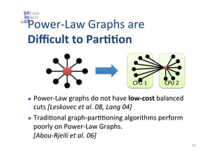 Power-­‐Law	
  Graphs	
  are	
  	
  
Diﬃcult	
  to	
  Par44on	
  

CPU 1
!

!

CPU 2

Power-­‐Law	
  graphs	
  do	
  not	
  have	
  low-­‐cost	
  balanced	
  
cuts	
  [Leskovec	
  et	
  al.	
  08,	
  Lang	
  04]	
  
TradiZonal	
  graph-­‐parZZoning	
  algorithms	
  perform	
  
poorly	
  on	
  Power-­‐Law	
  Graphs.	
  
[Abou-­‐Rjeili	
  et	
  al.	
  06]	
  
33	
  

 