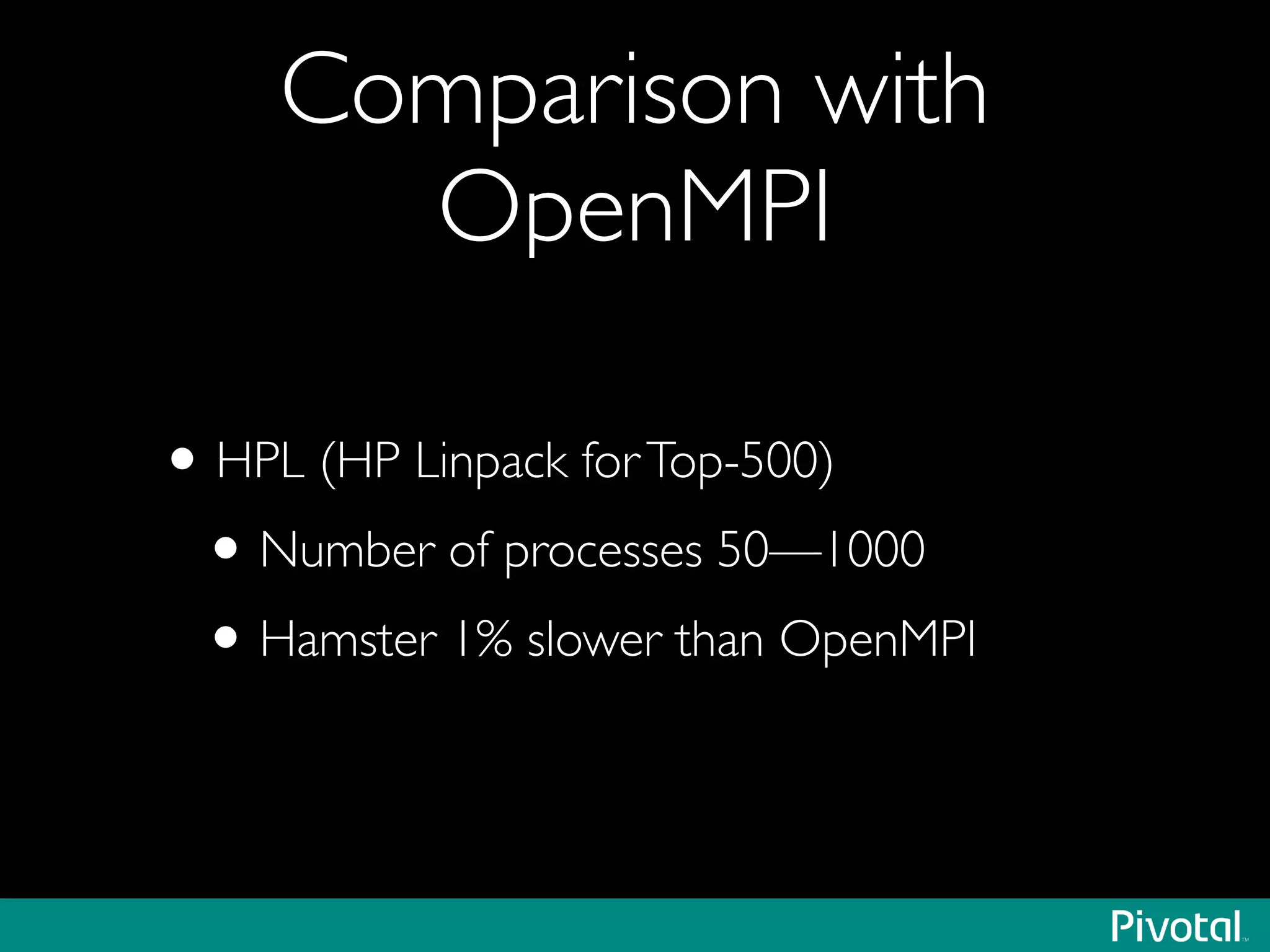 Comparison with
OpenMPI
•HPL (HP Linpack forTop-500)	

•Number of processes 50—1000	

•Hamster 1% slower than OpenMPI
 