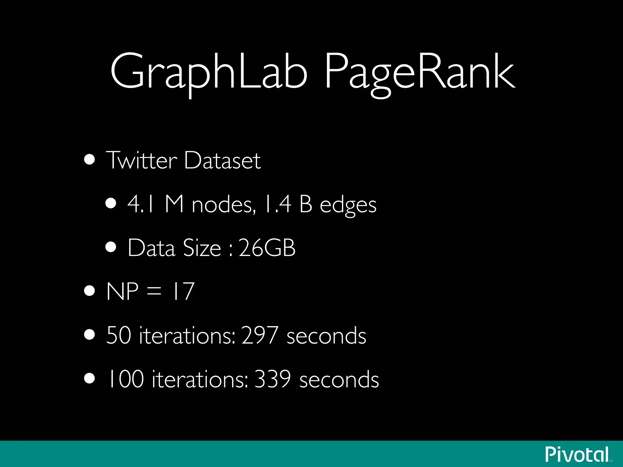 GraphLab PageRank
•Twitter Dataset	

•4.1 M nodes, 1.4 B edges	

•Data Size : 26GB	

•NP = 17	

•50 iterations: 297 seconds	

•100 iterations: 339 seconds
 