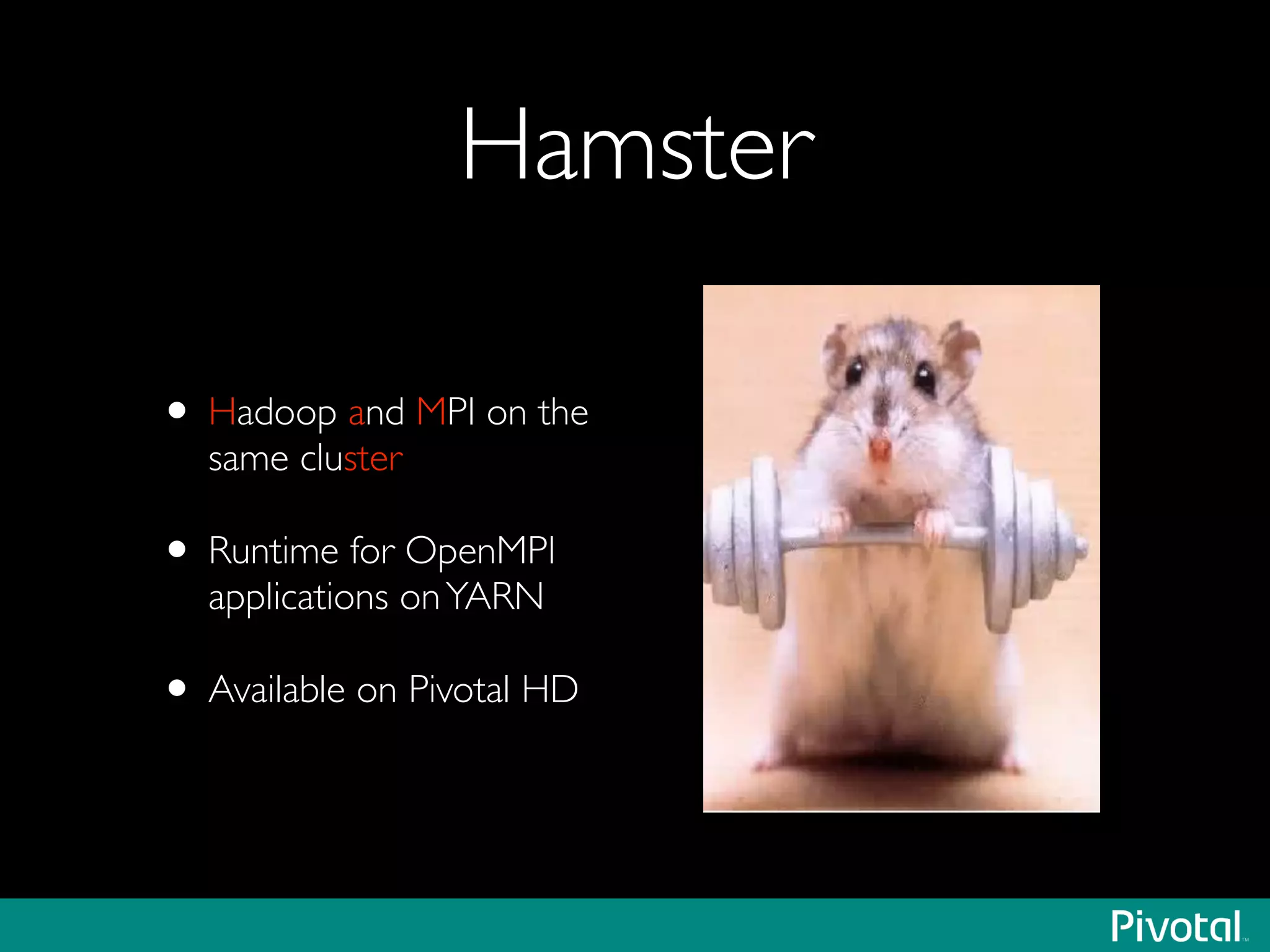 Hamster
• Hadoop and MPI on the
same cluster	

• Runtime for OpenMPI
applications onYARN	

• Available on Pivotal HD
 