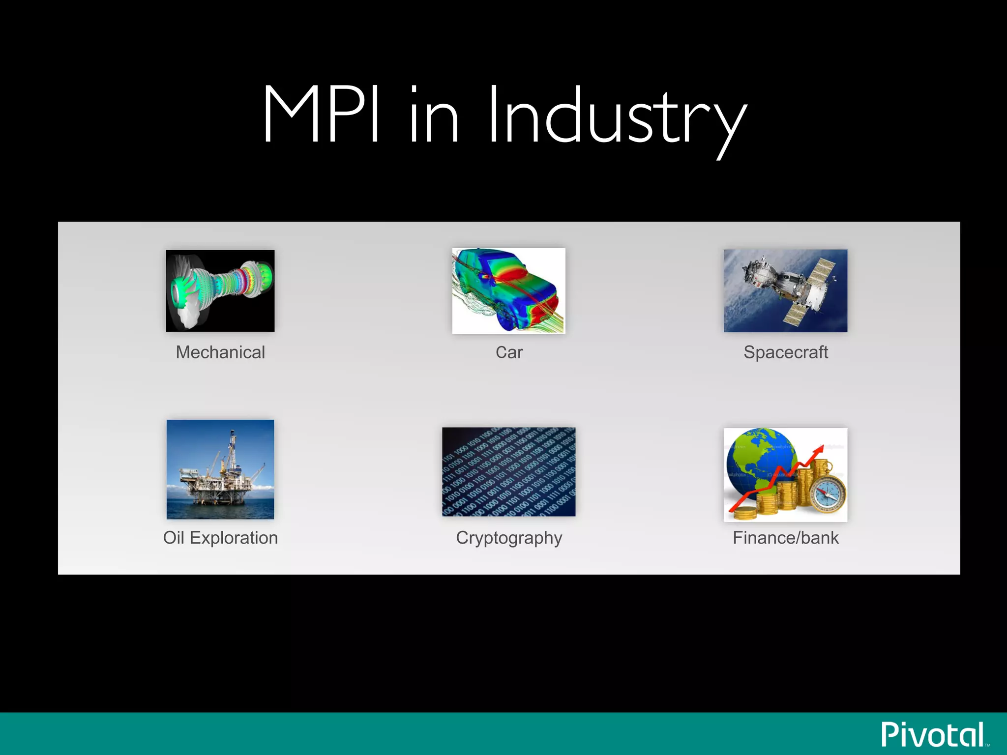 MPI in Industry
Mechanical ar
Finance/bankOil Exploration Cryptography
Spacecraft
 