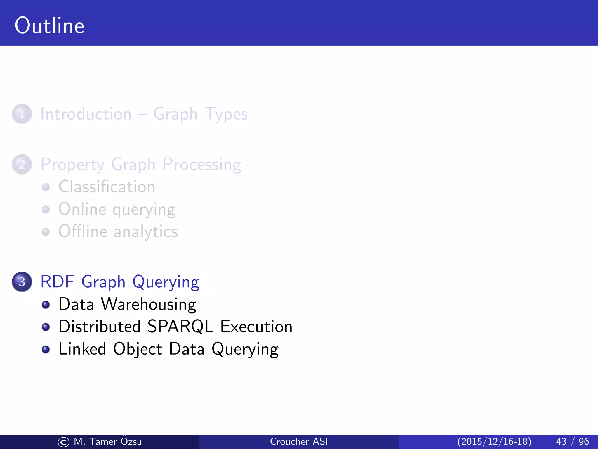 Outline
1 Introduction – Graph Types
2 Property Graph Processing
Classiﬁcation
Online querying
Oﬄine analytics
3 RDF Graph Querying
Data Warehousing
Distributed SPARQL Execution
Linked Object Data Querying
© M. Tamer ¨Ozsu Croucher ASI (2015/12/16-18) 43 / 96
 