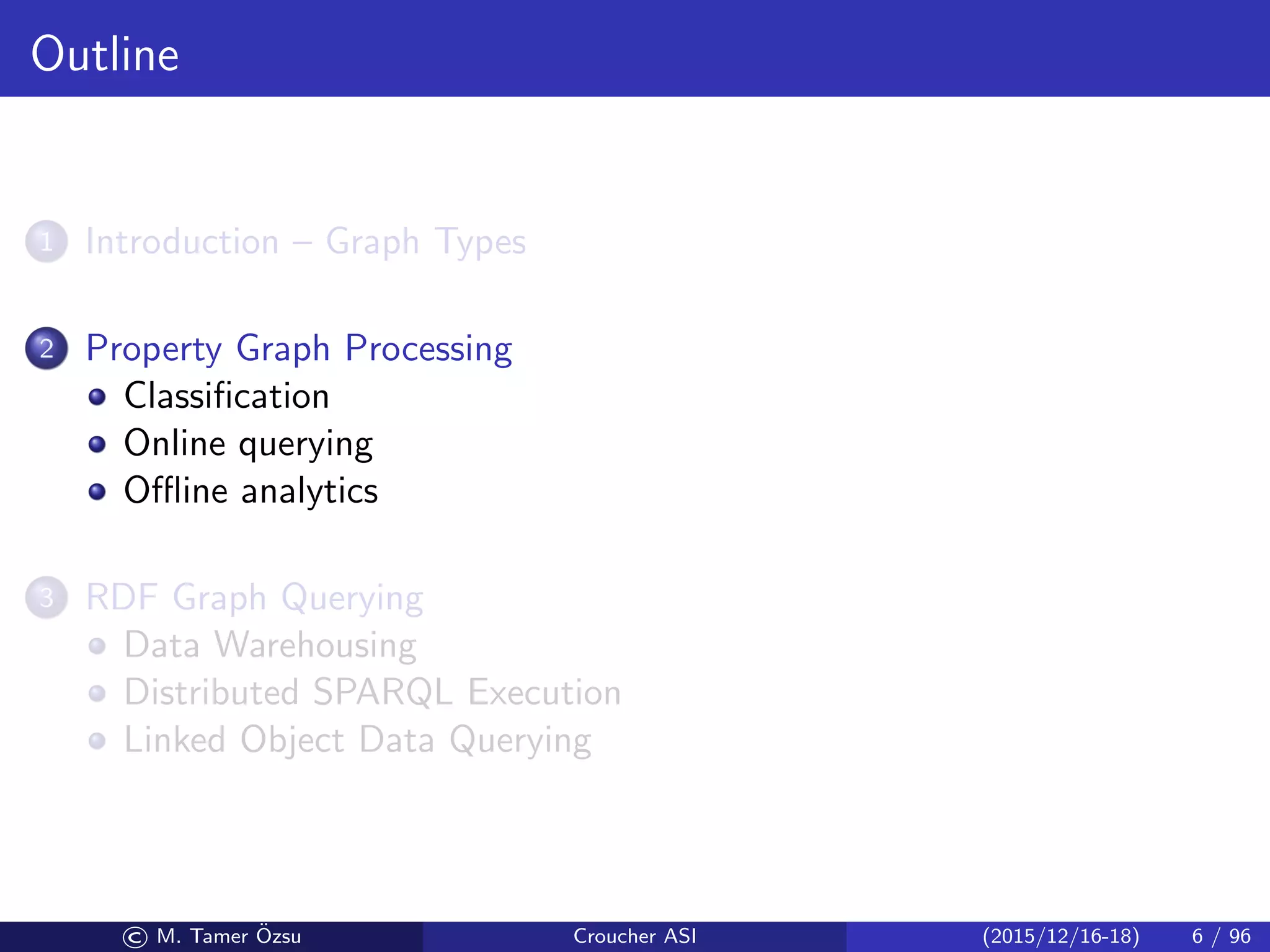 Outline
1 Introduction – Graph Types
2 Property Graph Processing
Classiﬁcation
Online querying
Oﬄine analytics
3 RDF Graph Querying
Data Warehousing
Distributed SPARQL Execution
Linked Object Data Querying
© M. Tamer ¨Ozsu Croucher ASI (2015/12/16-18) 6 / 96
 