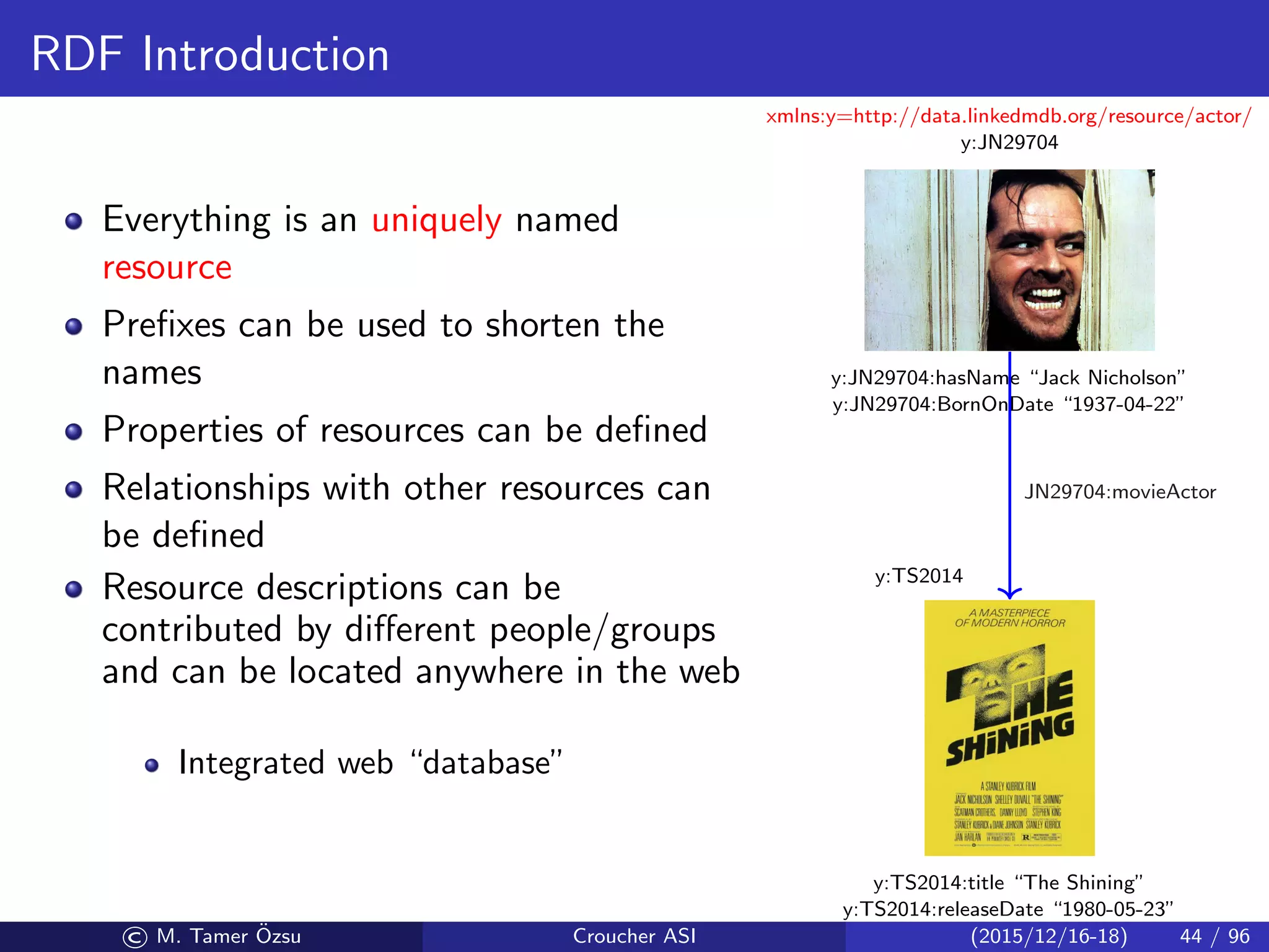 RDF Introduction
Everything is an uniquely named
resource
Preﬁxes can be used to shorten the
names
Properties of resources can be deﬁned
Relationships with other resources can
be deﬁned
Resource descriptions can be
contributed by diﬀerent people/groups
and can be located anywhere in the web
Integrated web “database”
xmlns:y=http://data.linkedmdb.org/resource/actor/
y:JN29704
y:JN29704:hasName “Jack Nicholson”
y:JN29704:BornOnDate “1937-04-22”
y:TS2014:title “The Shining”
y:TS2014:releaseDate “1980-05-23”
y:TS2014
JN29704:movieActor
© M. Tamer ¨Ozsu Croucher ASI (2015/12/16-18) 44 / 96
 