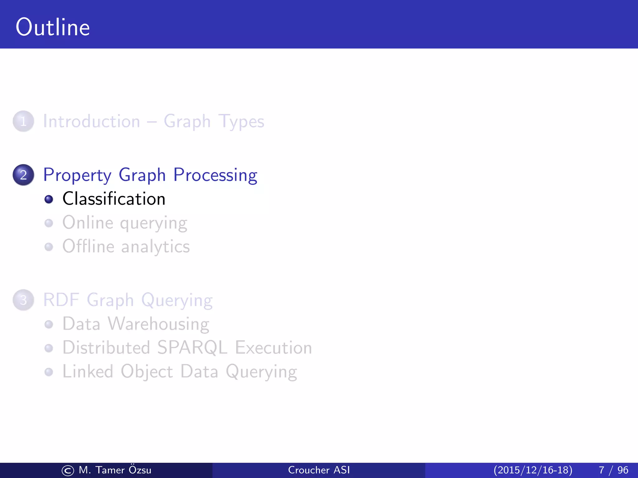 Outline
1 Introduction – Graph Types
2 Property Graph Processing
Classiﬁcation
Online querying
Oﬄine analytics
3 RDF Graph Querying
Data Warehousing
Distributed SPARQL Execution
Linked Object Data Querying
© M. Tamer ¨Ozsu Croucher ASI (2015/12/16-18) 7 / 96
 