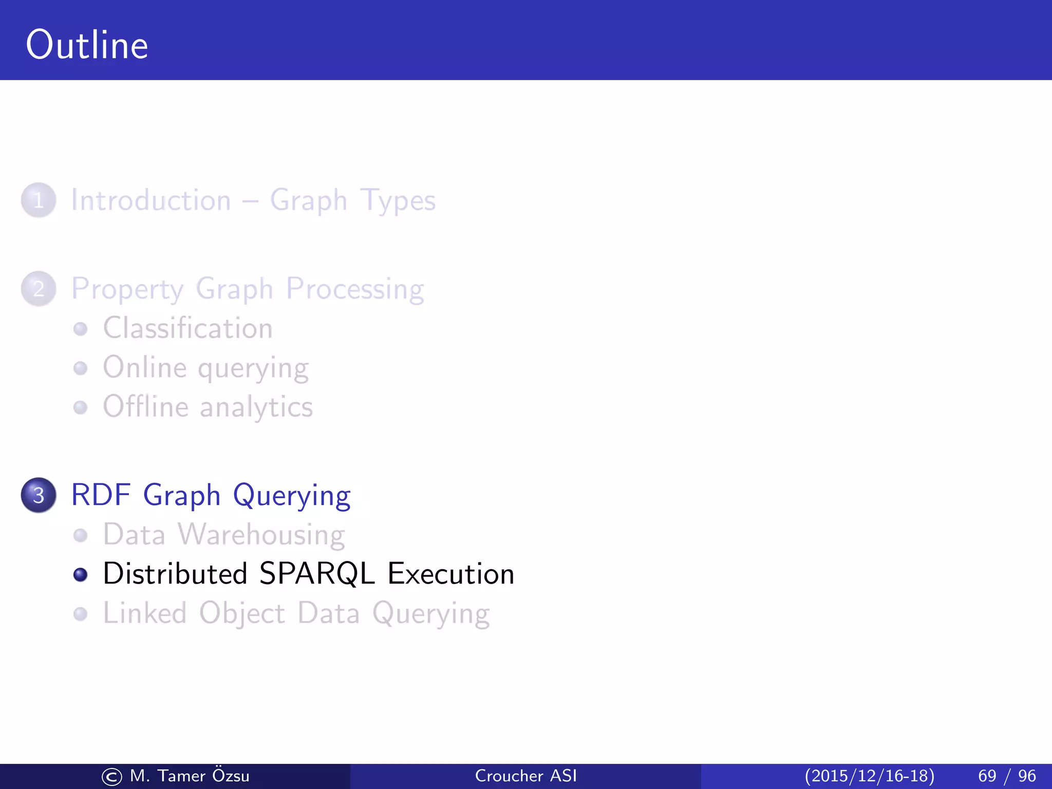 Outline
1 Introduction – Graph Types
2 Property Graph Processing
Classiﬁcation
Online querying
Oﬄine analytics
3 RDF Graph Querying
Data Warehousing
Distributed SPARQL Execution
Linked Object Data Querying
© M. Tamer ¨Ozsu Croucher ASI (2015/12/16-18) 69 / 96
 
