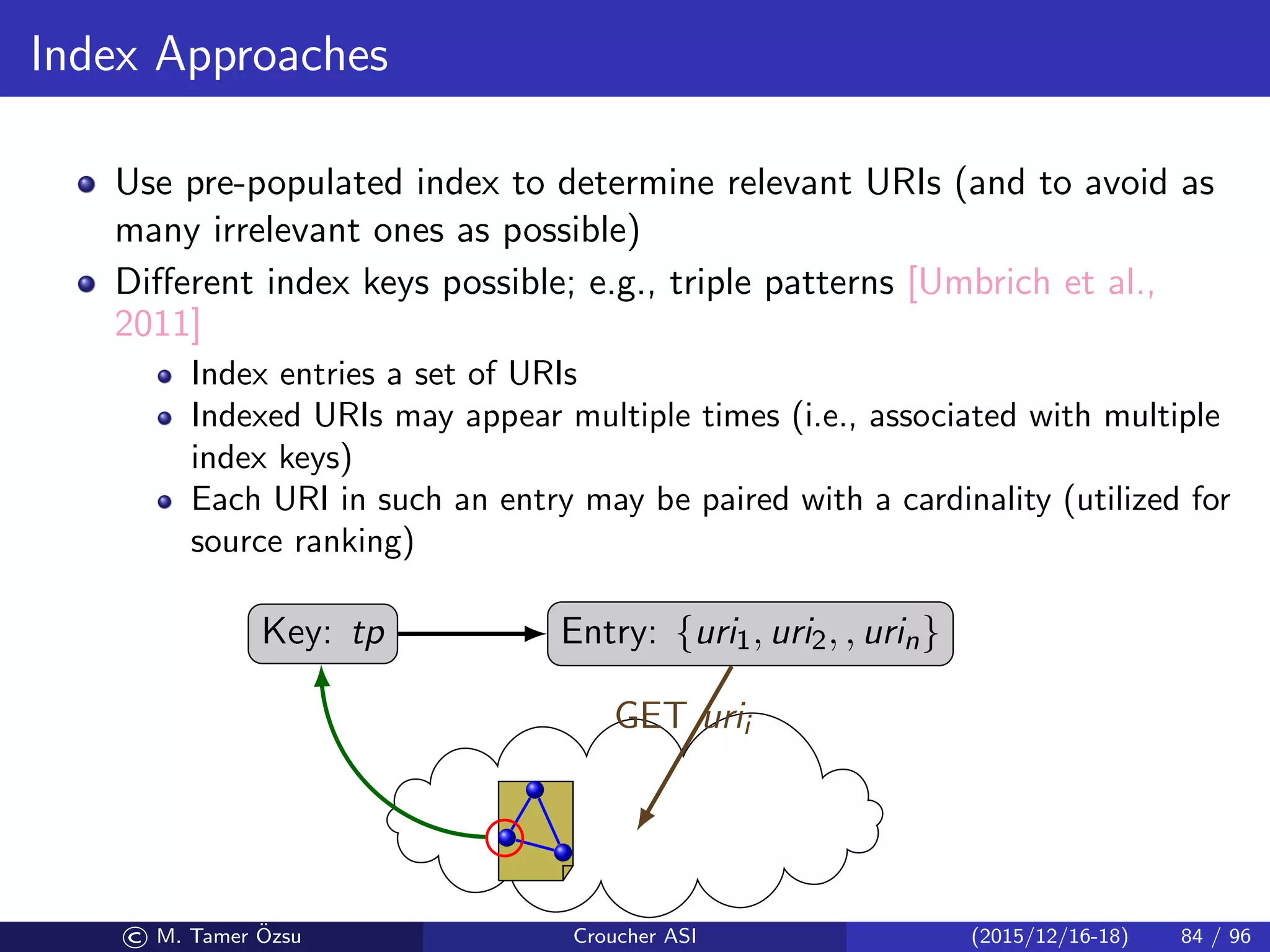 Index Approaches
Use pre-populated index to determine relevant URIs (and to avoid as
many irrelevant ones as possible)
Diﬀerent index keys possible; e.g., triple patterns [Umbrich et al.,
2011]
Index entries a set of URIs
Indexed URIs may appear multiple times (i.e., associated with multiple
index keys)
Each URI in such an entry may be paired with a cardinality (utilized for
source ranking)
Key: tp Entry: {uri1, uri2, , urin}
GET urii
© M. Tamer ¨Ozsu Croucher ASI (2015/12/16-18) 84 / 96
 