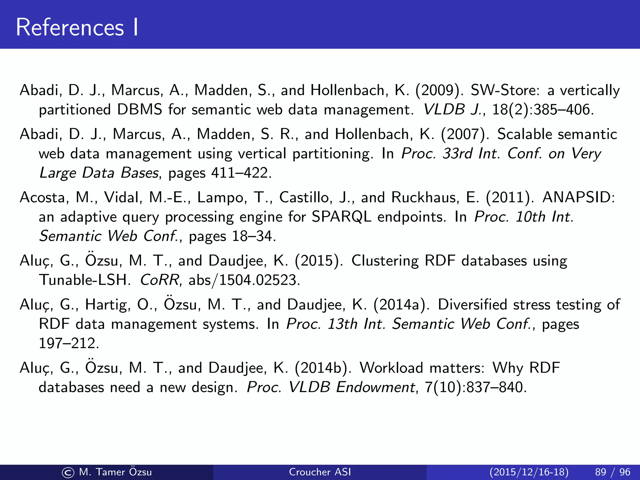 References I
Abadi, D. J., Marcus, A., Madden, S., and Hollenbach, K. (2009). SW-Store: a vertically
partitioned DBMS for semantic web data management. VLDB J., 18(2):385–406.
Abadi, D. J., Marcus, A., Madden, S. R., and Hollenbach, K. (2007). Scalable semantic
web data management using vertical partitioning. In Proc. 33rd Int. Conf. on Very
Large Data Bases, pages 411–422.
Acosta, M., Vidal, M.-E., Lampo, T., Castillo, J., and Ruckhaus, E. (2011). ANAPSID:
an adaptive query processing engine for SPARQL endpoints. In Proc. 10th Int.
Semantic Web Conf., pages 18–34.
Alu¸c, G., ¨Ozsu, M. T., and Daudjee, K. (2015). Clustering RDF databases using
Tunable-LSH. CoRR, abs/1504.02523.
Alu¸c, G., Hartig, O., ¨Ozsu, M. T., and Daudjee, K. (2014a). Diversiﬁed stress testing of
RDF data management systems. In Proc. 13th Int. Semantic Web Conf., pages
197–212.
Alu¸c, G., ¨Ozsu, M. T., and Daudjee, K. (2014b). Workload matters: Why RDF
databases need a new design. Proc. VLDB Endowment, 7(10):837–840.
© M. Tamer ¨Ozsu Croucher ASI (2015/12/16-18) 89 / 96
 