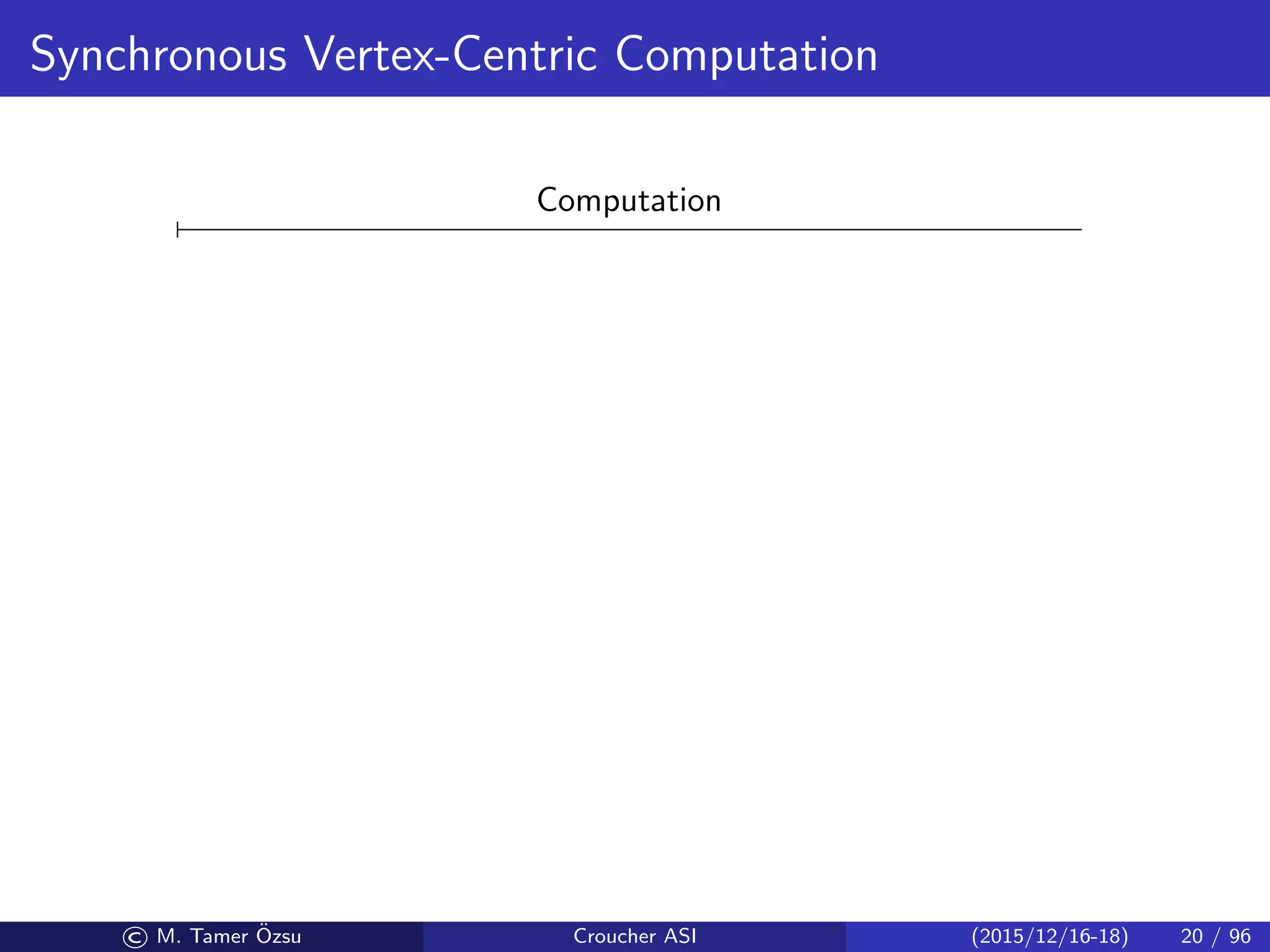 Synchronous Vertex-Centric Computation
Computation
© M. Tamer ¨Ozsu Croucher ASI (2015/12/16-18) 20 / 96
 