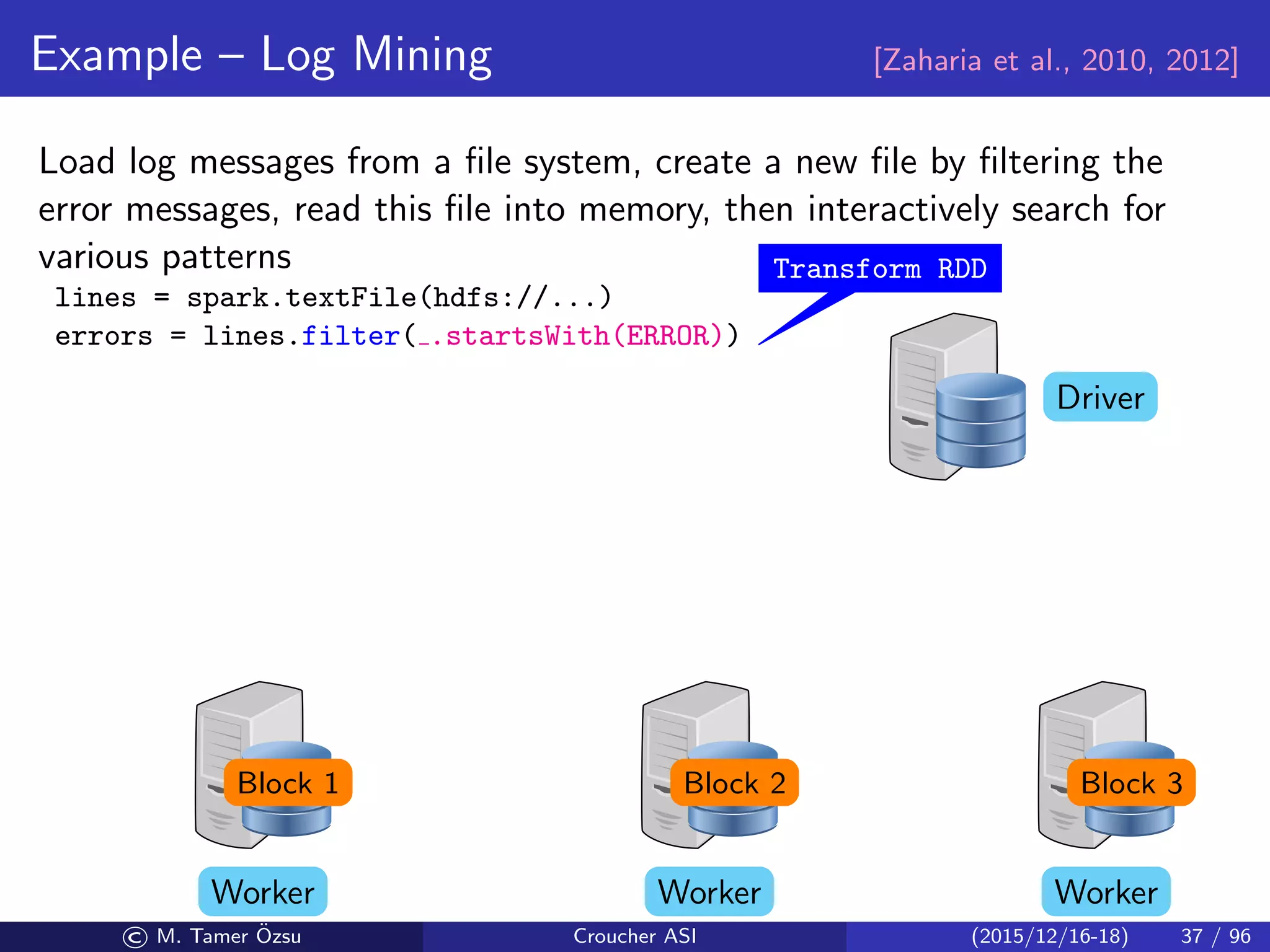 Example – Log Mining [Zaharia et al., 2010, 2012]
Load log messages from a ﬁle system, create a new ﬁle by ﬁltering the
error messages, read this ﬁle into memory, then interactively search for
various patterns
lines = spark.textFile(hdfs://...)
errors = lines.filter( .startsWith(ERROR))
Transform RDD
Driver
WorkerWorkerWorker
Block 1 Block 2 Block 3
© M. Tamer ¨Ozsu Croucher ASI (2015/12/16-18) 37 / 96
 