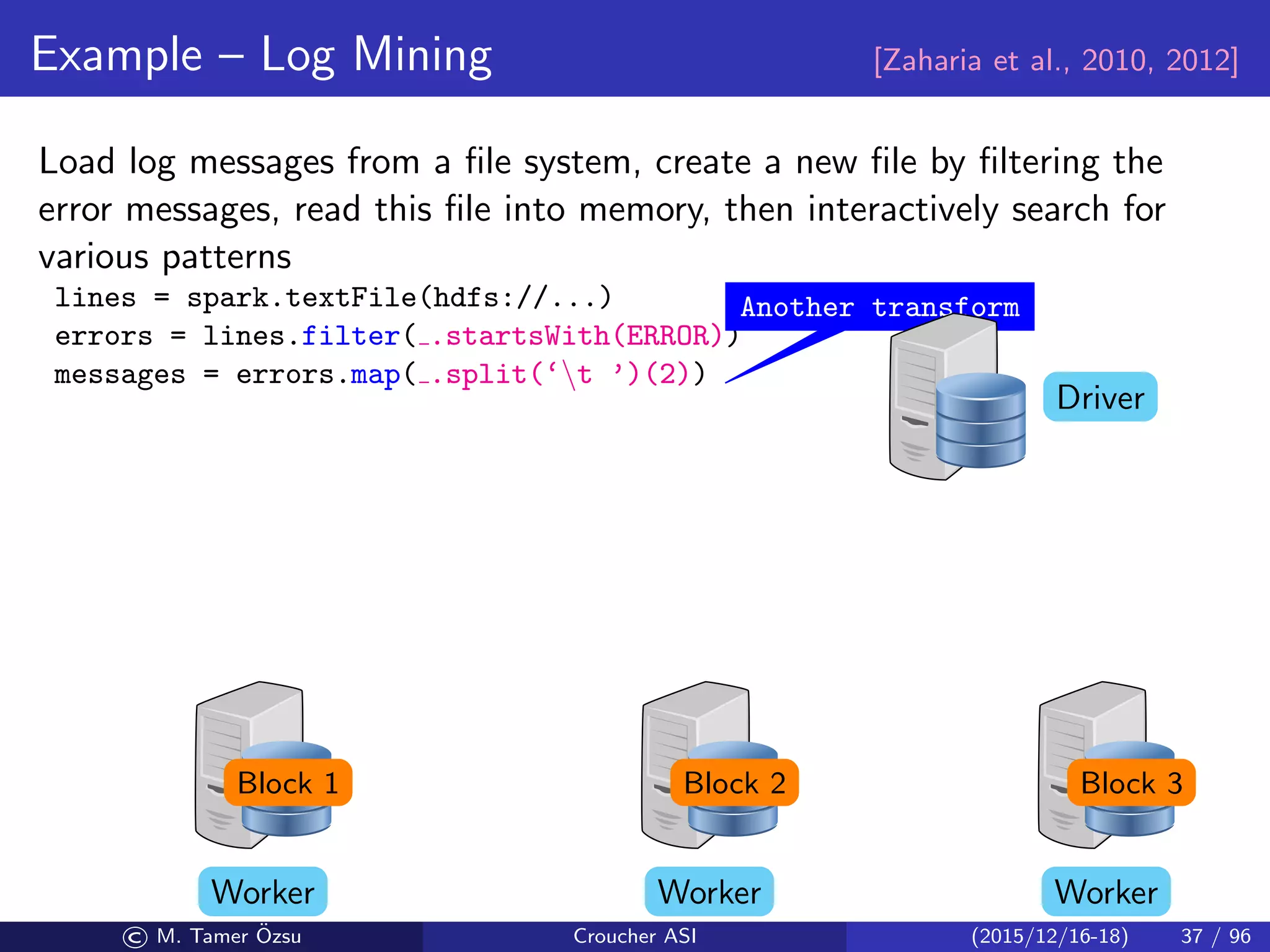 Example – Log Mining [Zaharia et al., 2010, 2012]
Load log messages from a ﬁle system, create a new ﬁle by ﬁltering the
error messages, read this ﬁle into memory, then interactively search for
various patterns
lines = spark.textFile(hdfs://...)
errors = lines.filter( .startsWith(ERROR))
messages = errors.map( .split(‘t ’)(2))
Another transform
Driver
WorkerWorkerWorker
Block 1 Block 2 Block 3
© M. Tamer ¨Ozsu Croucher ASI (2015/12/16-18) 37 / 96
 