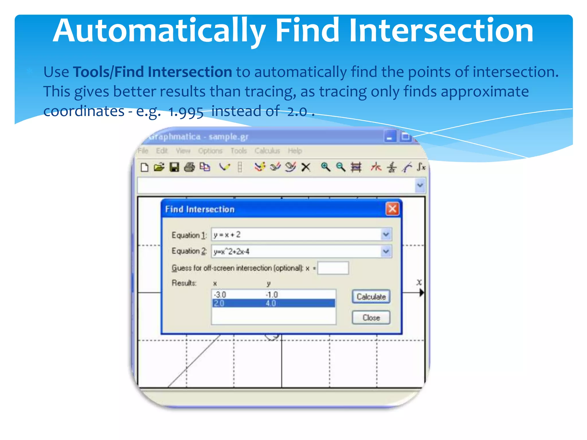 Use Tools/Find Intersection to automatically find the points of intersection.
This gives better results than tracing, as tracing only finds approximate
coordinates - e.g. 1.995 instead of 2.0 .
Automatically Find Intersection
 
